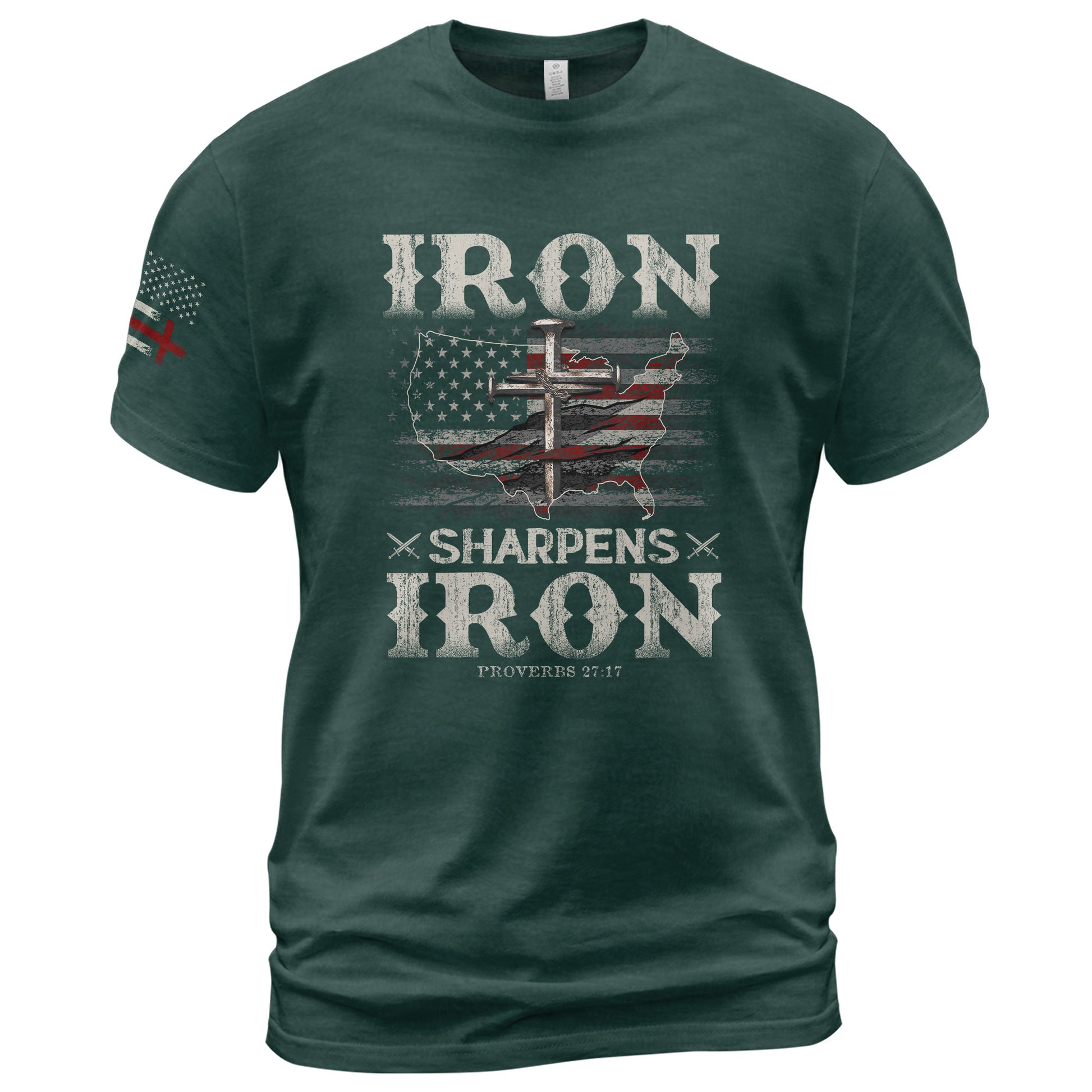 Faith Based Christian Tee Shirts, Iron Sharpens Iron Proverbs 27:17 USA Faith Warrior - Christian Shirts for Men - Rust Field Wear