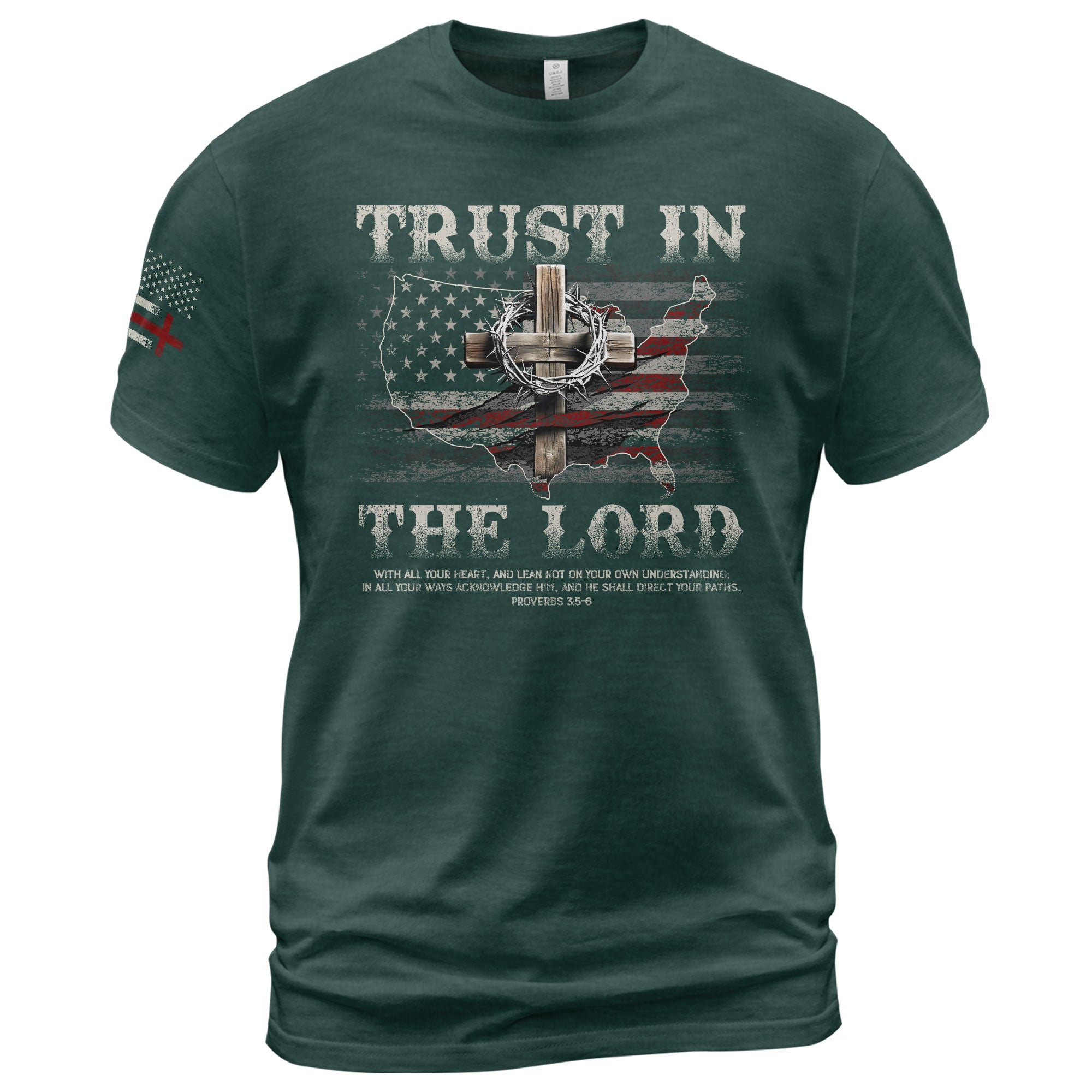 Trust In The Lord Christian Proverbs 3:5 6 Bible Verse American Flag Cross, Christian Tee Shirts - Faith Shirts for Men - Rust Field Wear