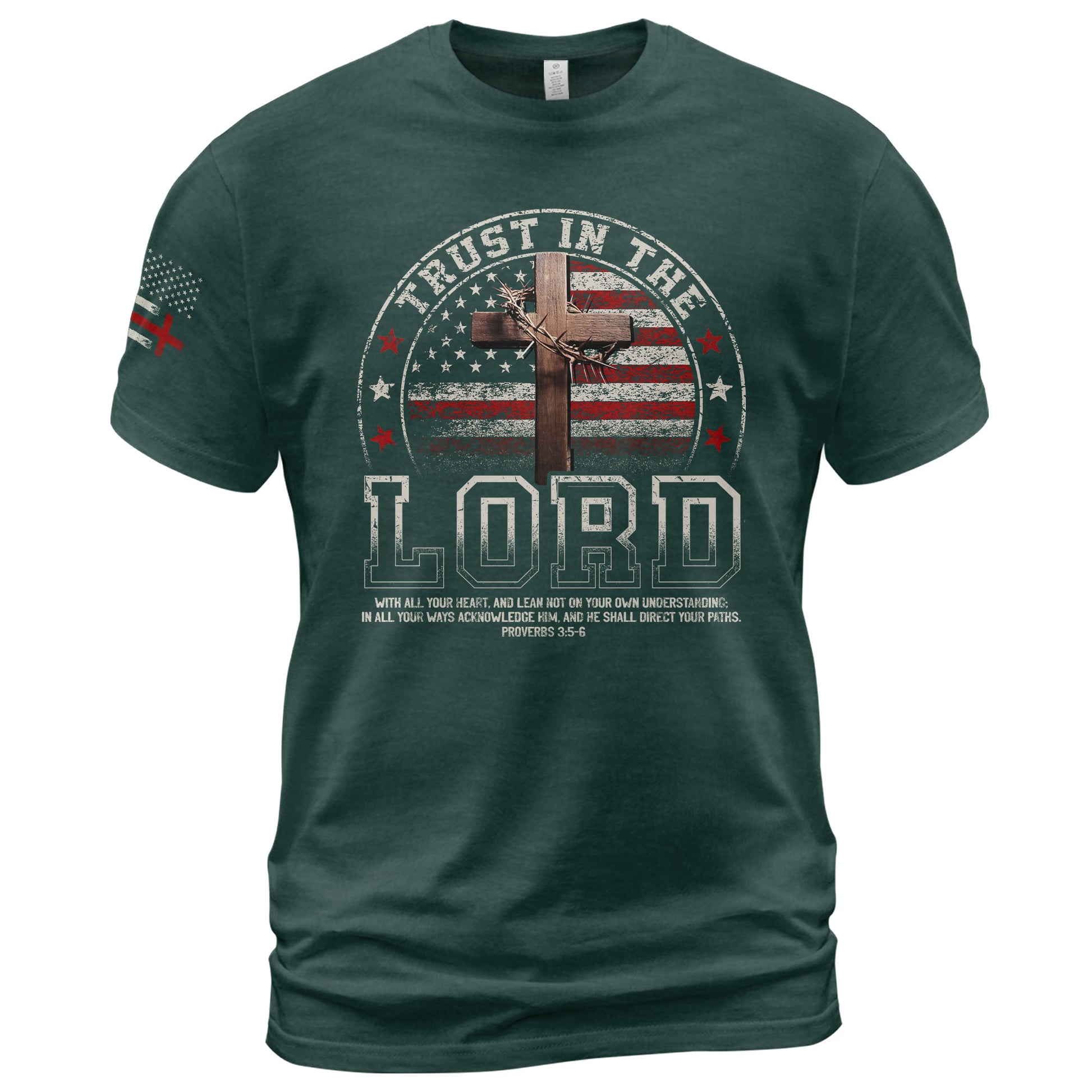 Faith Based Christian Tee Shirts, Trust In The Lord Christian American Flag Cross - Christian Shirts for Men - Rust Field Wear