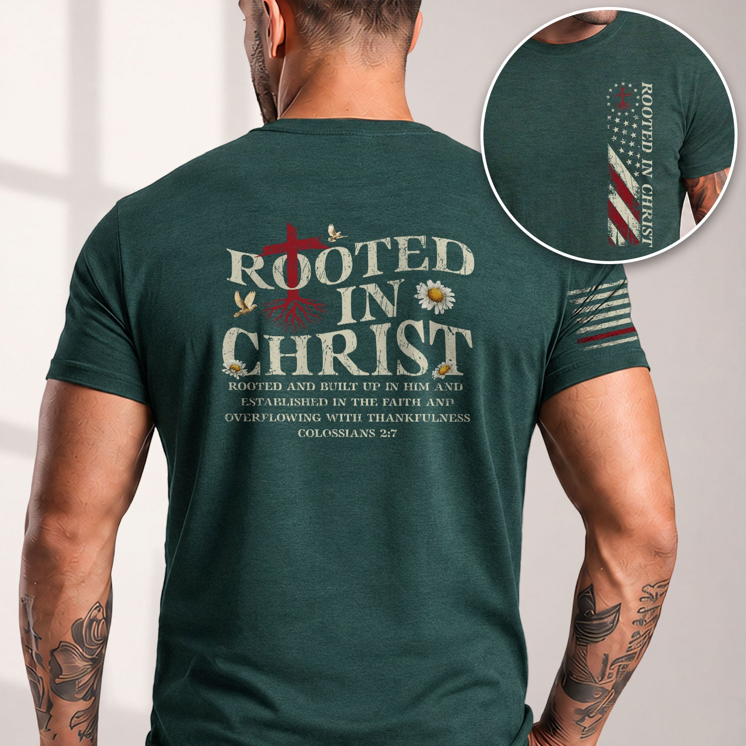 Rooted in Christ Back Print Colossians 2:7, Christian Tee Shirts - Faith Shirts for Men - Rust Field Wear
