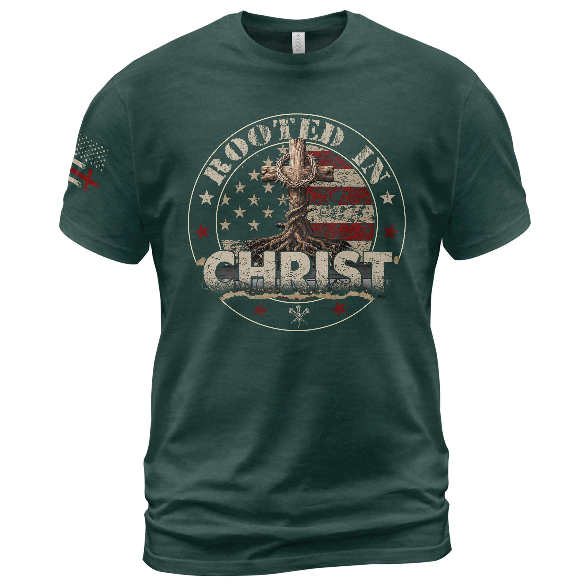 Faith Based Christian Tee Shirts, Rooted in Christ American Flag and Cross - Christian Shirts for Men - Rust Field Wear