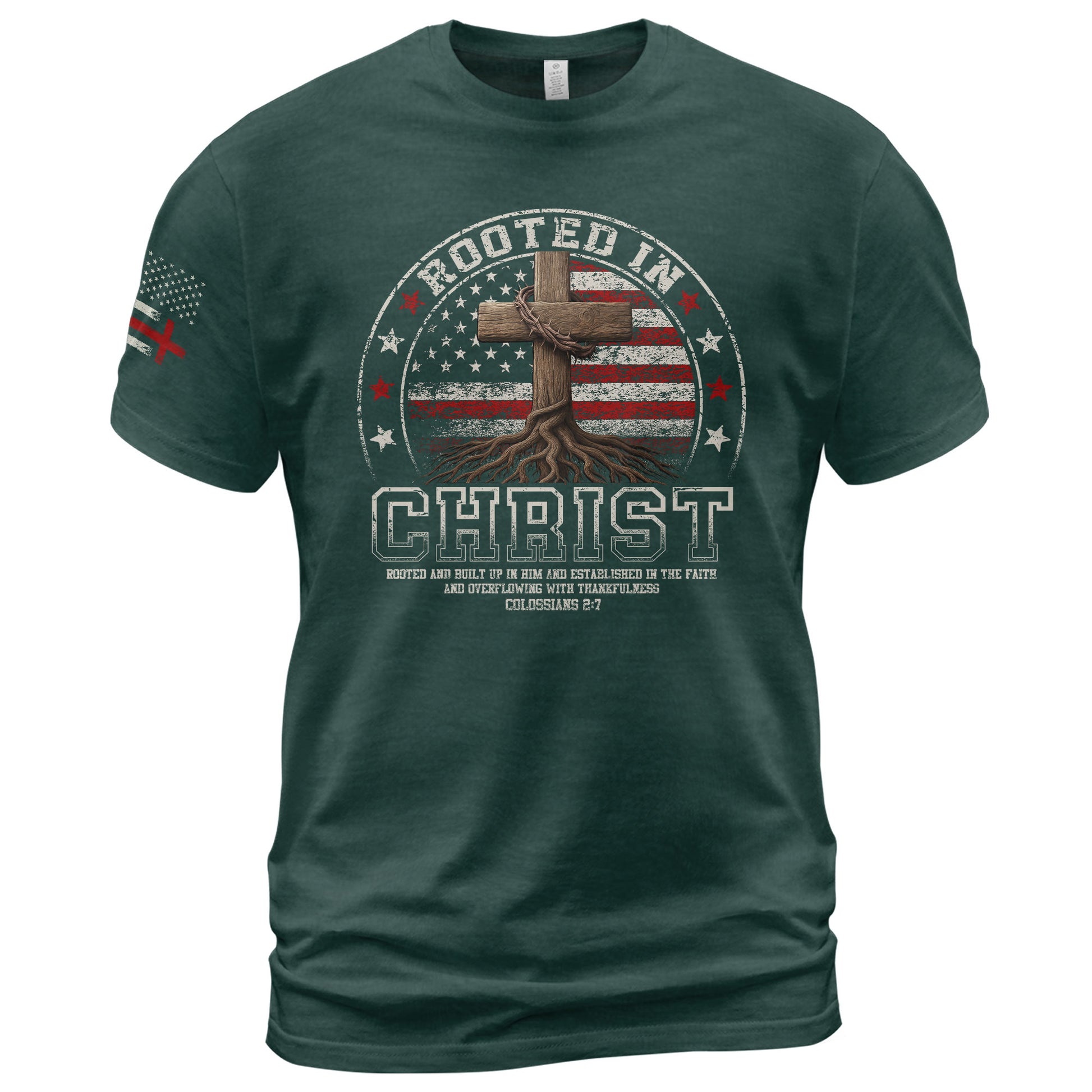 Christian Shirts for Men - Rooted in Christ Circle American Flag, Christian Tee Shirts - Rust Field Wear