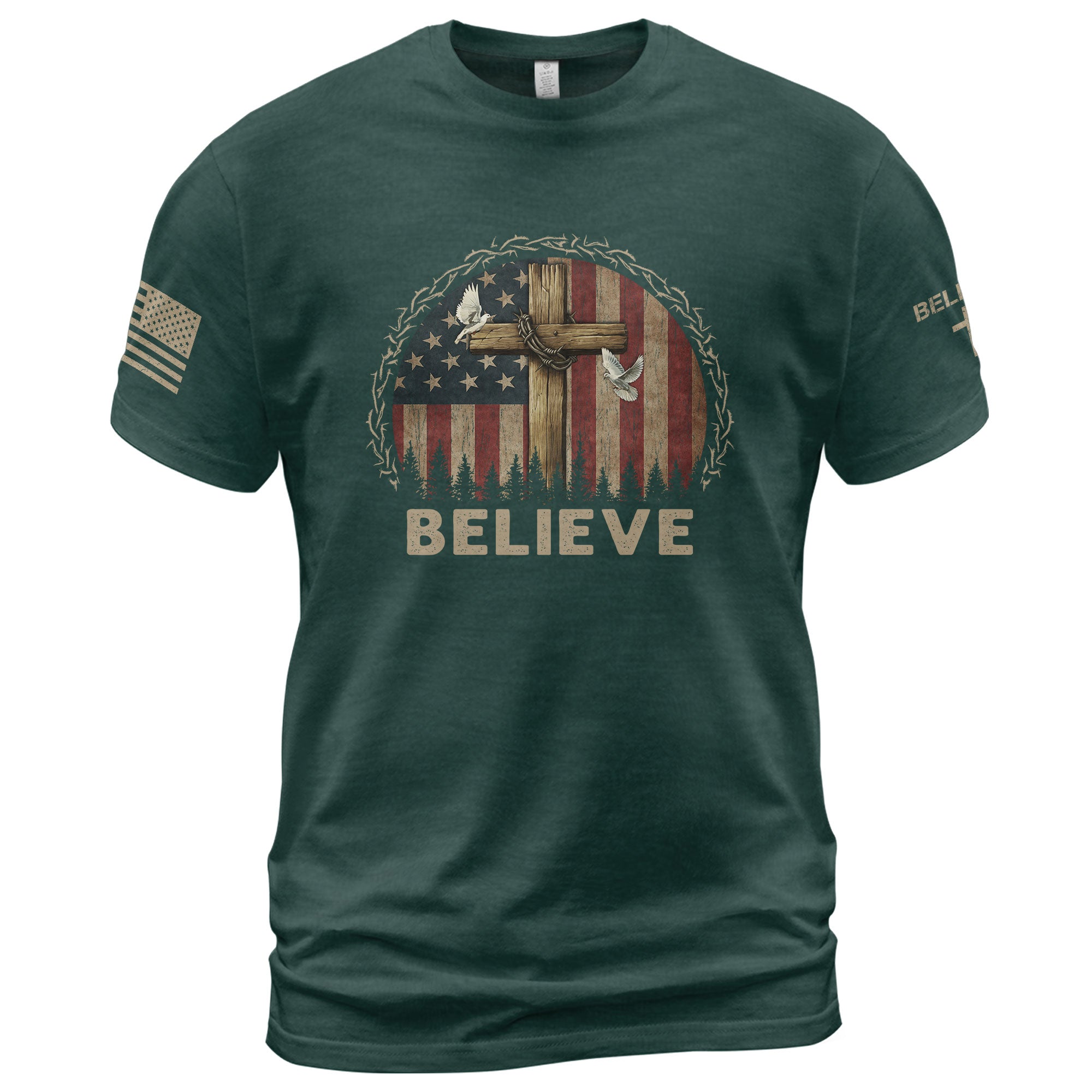Christian Shirts for Men, Believe Cross and Dove American Flag - Christian Tee Shirts - Rust Field Wear