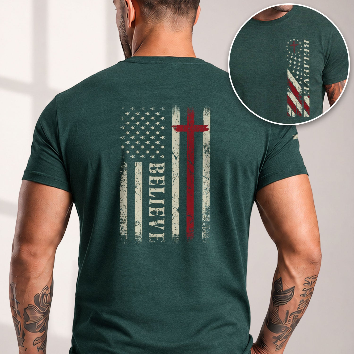 Believe American Flag Cross, Christian Tee Shirts - Faith Shirts for Men - Rust Field Wear