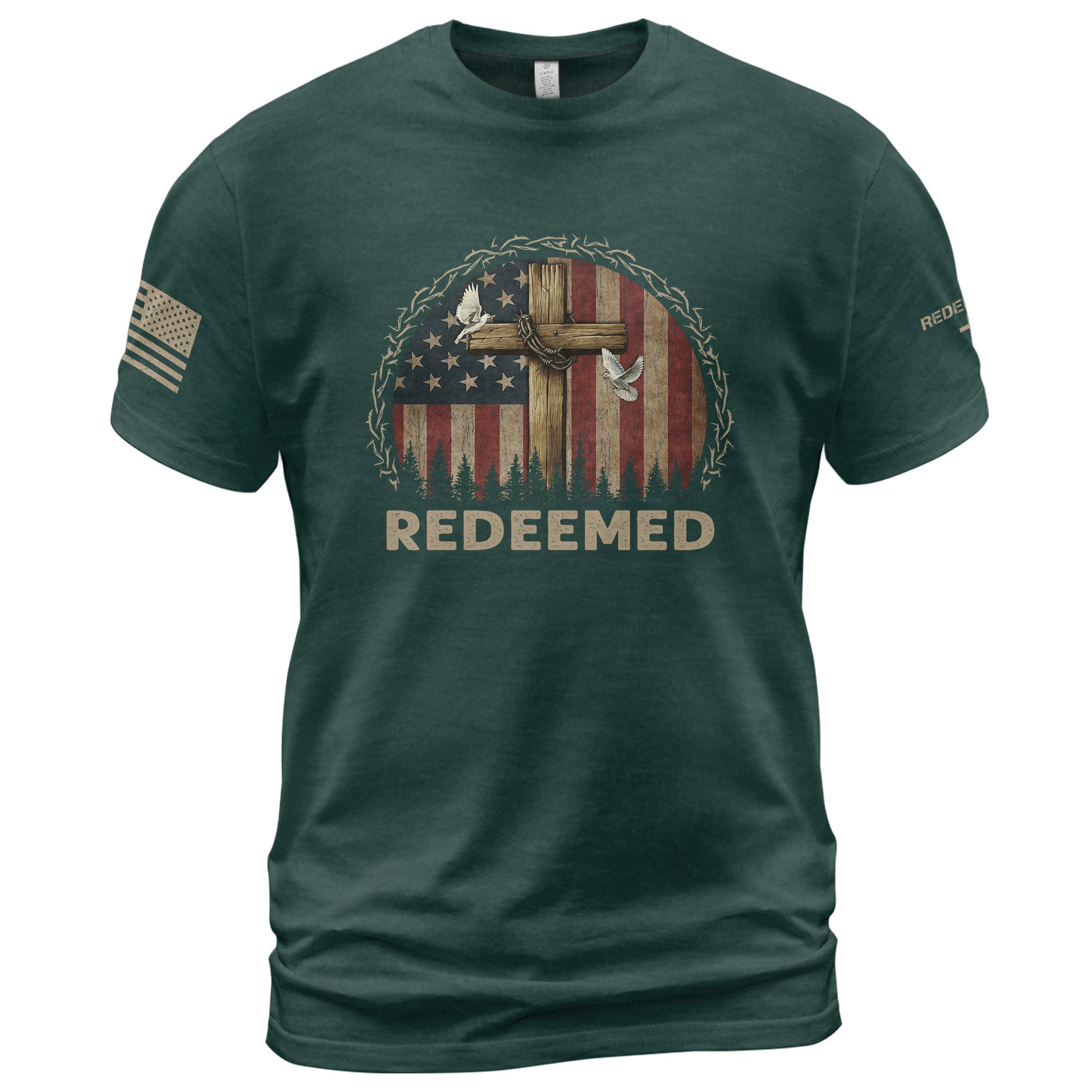 Christian Tee Shirts, Redeemed American Flag Cross Patriotic Christian - Christian Shirts for Men - Rust Field Wear