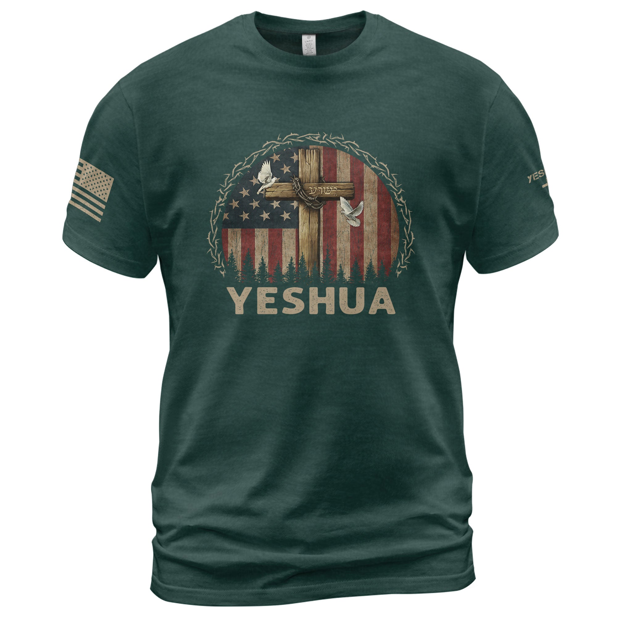 Faith Based Christian Tee Shirts, Yeshua Cross and American Flag Christian - Christian Shirts for Men - Rust Field Wear