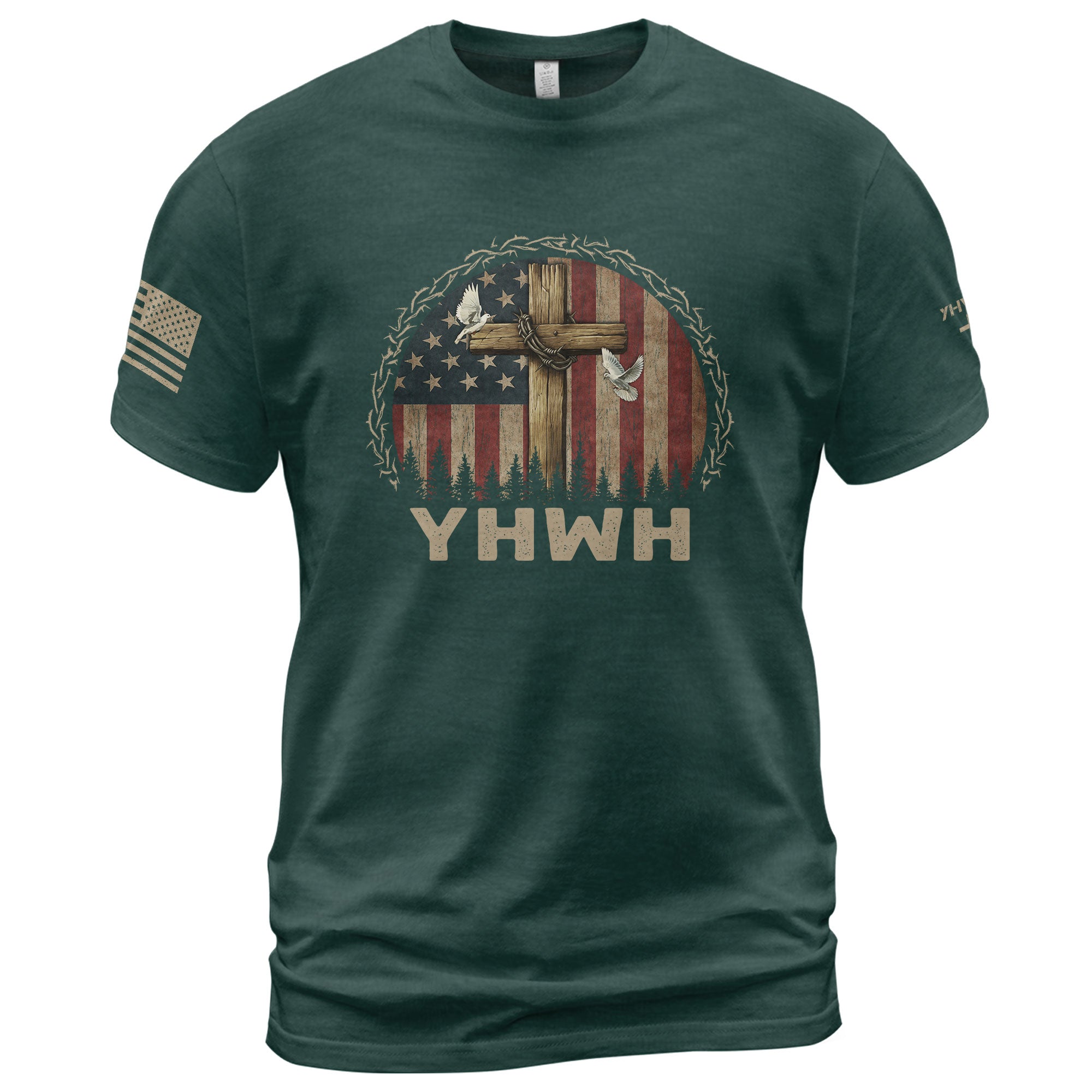 YHWH Cross and American Flag Christian - Christian Shirts for Men, Faith Based Christian Tee Shirts - Rust Field Wear