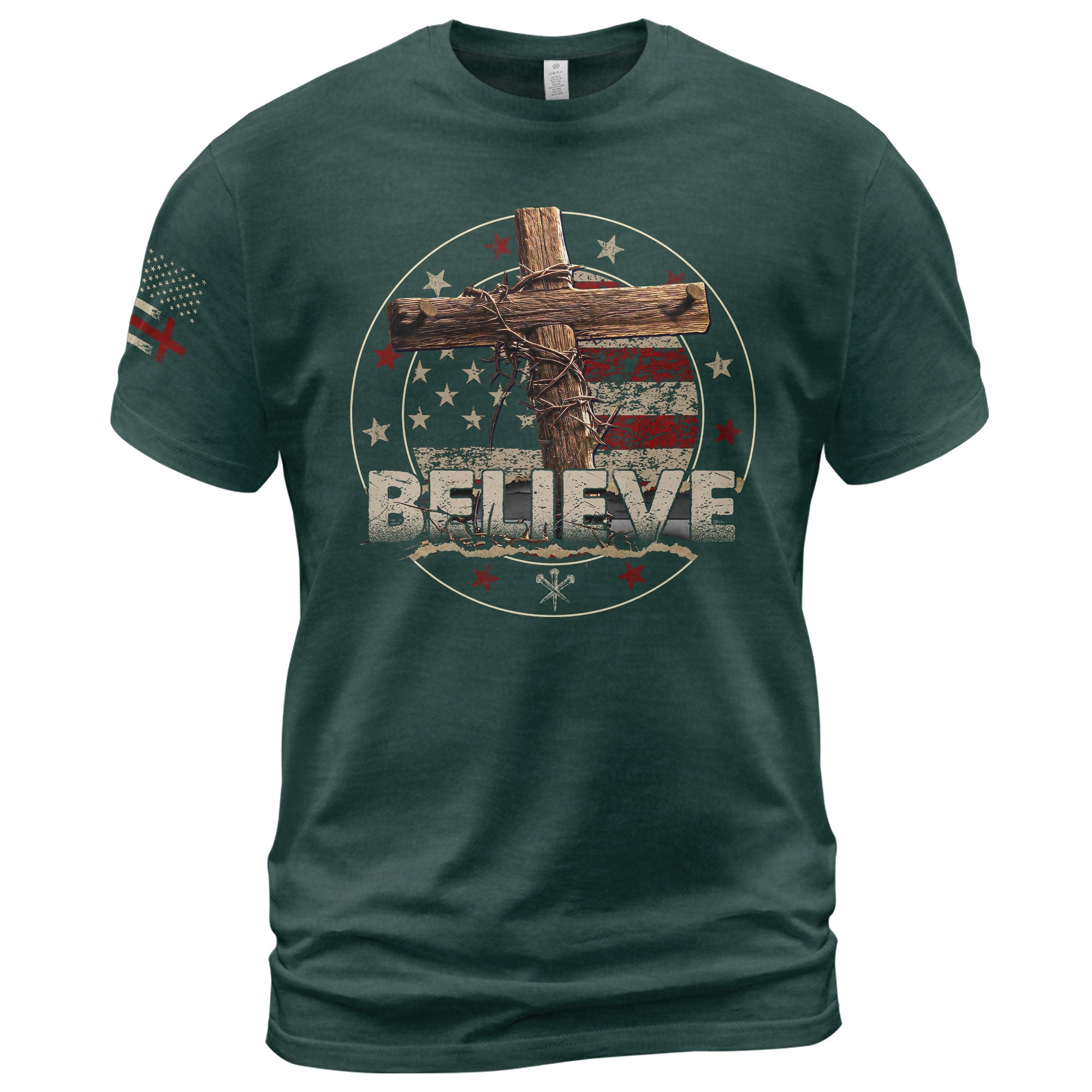 BELIEVE Christian American Flag Cross and Crown of Thorns, Christian Shirts for Men - Christian Tee Shirts - Rust Field Wear