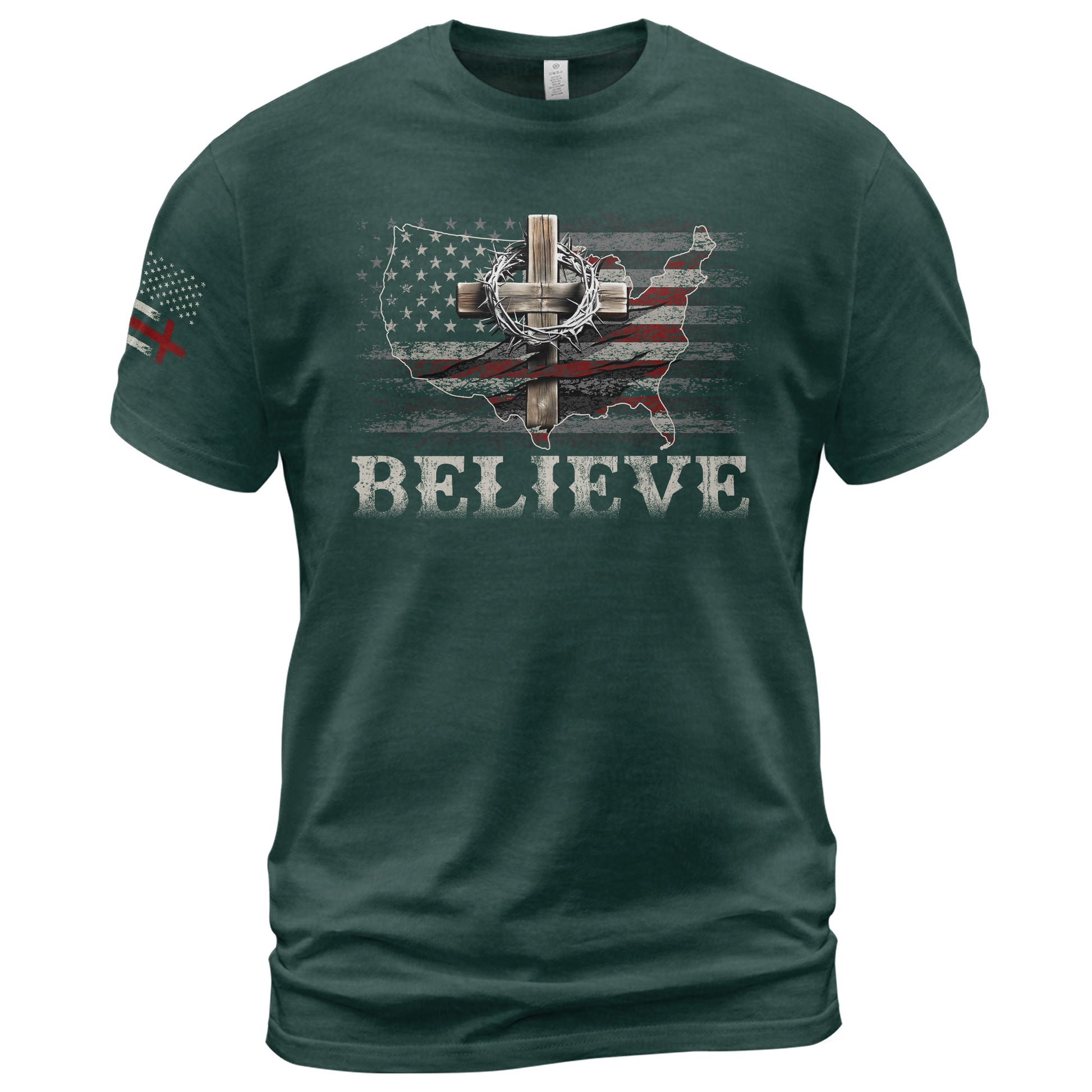 Christian Tee Shirts, Believe USA Flag Cross - Christian Shirts for Men - Rust Field Wear