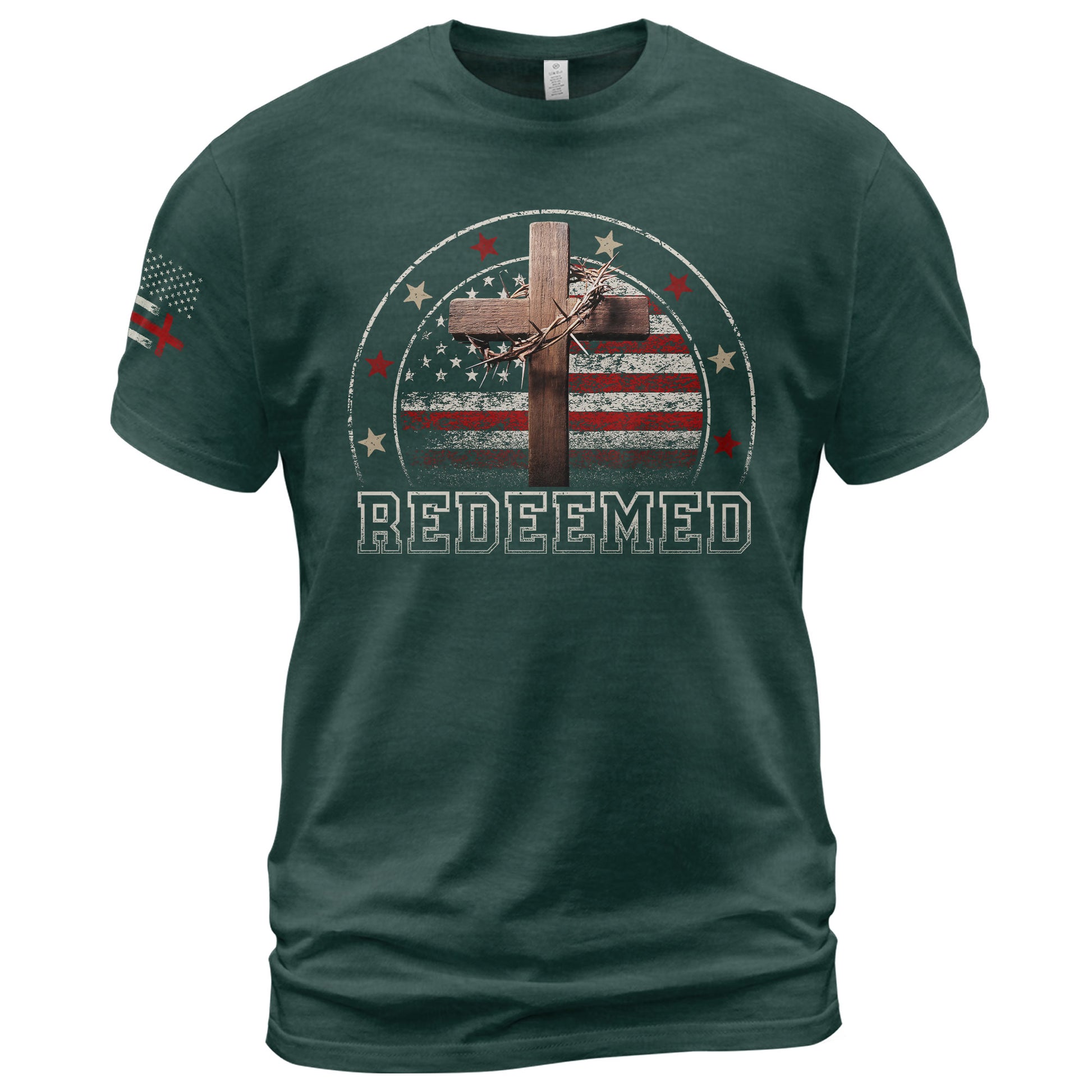 Redeemed Christian Cross and American Flag Design, Christian Shirts for Men - Christian Tee Shirts - Rust Field Wear