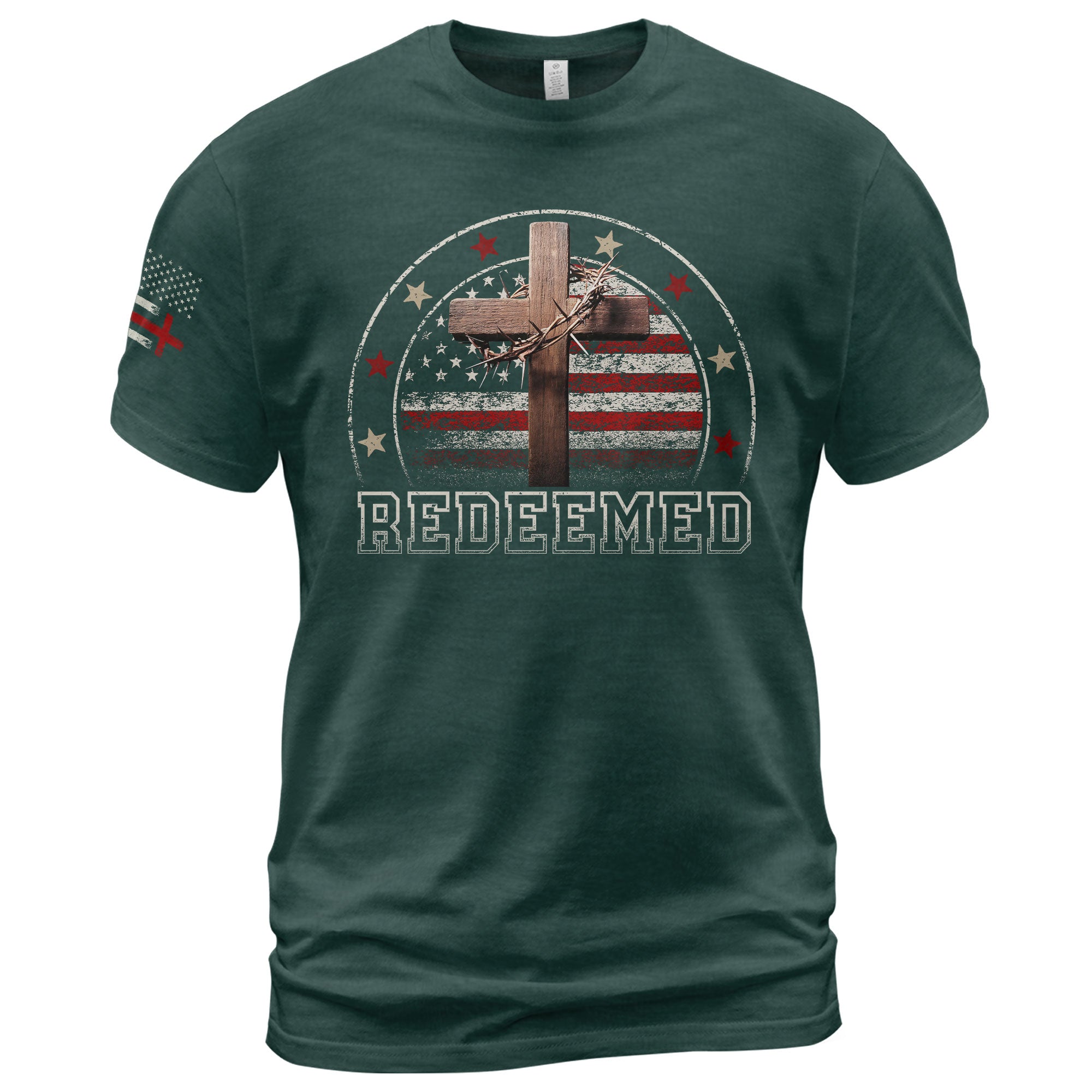 Redeemed Christian Cross and American Flag Design, Christian Shirts for Men - Christian Tee Shirts - Rust Field Wear