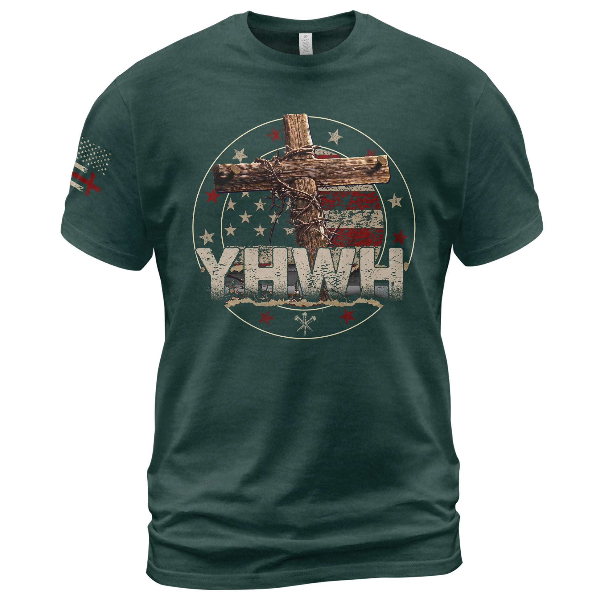 Christian Shirts for Men, YHWH American Flag Cross Christian Faith - Christian Tee Shirts - Rust Field Wear