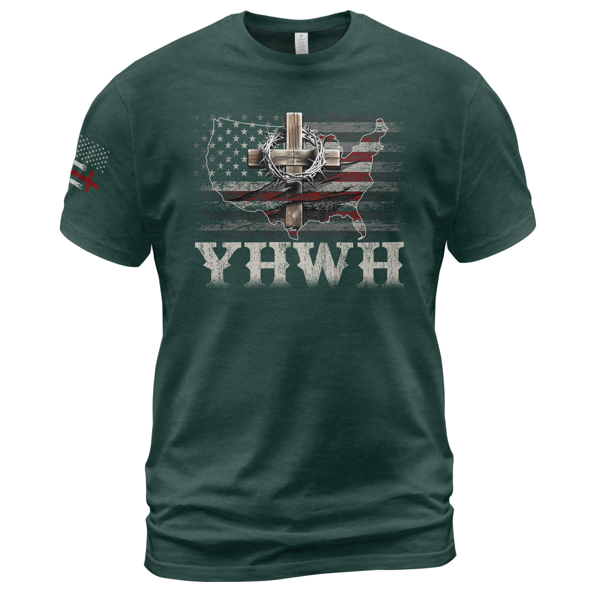 Faith Based Christian Tee Shirts, Redeemed Christian Cross, Flag and Dove Design - Christian Shirts for Men - Rust Field Wear