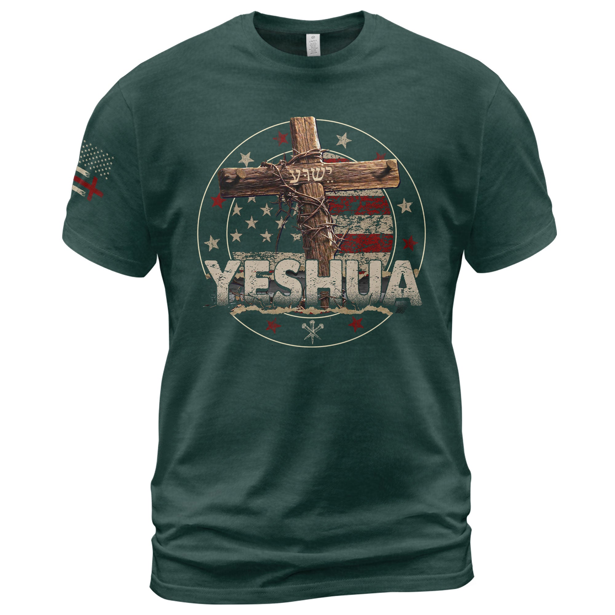 Christian Shirts for Men - Yeshua Cross and Flag, Christian Tee Shirts - Rust Field Wear