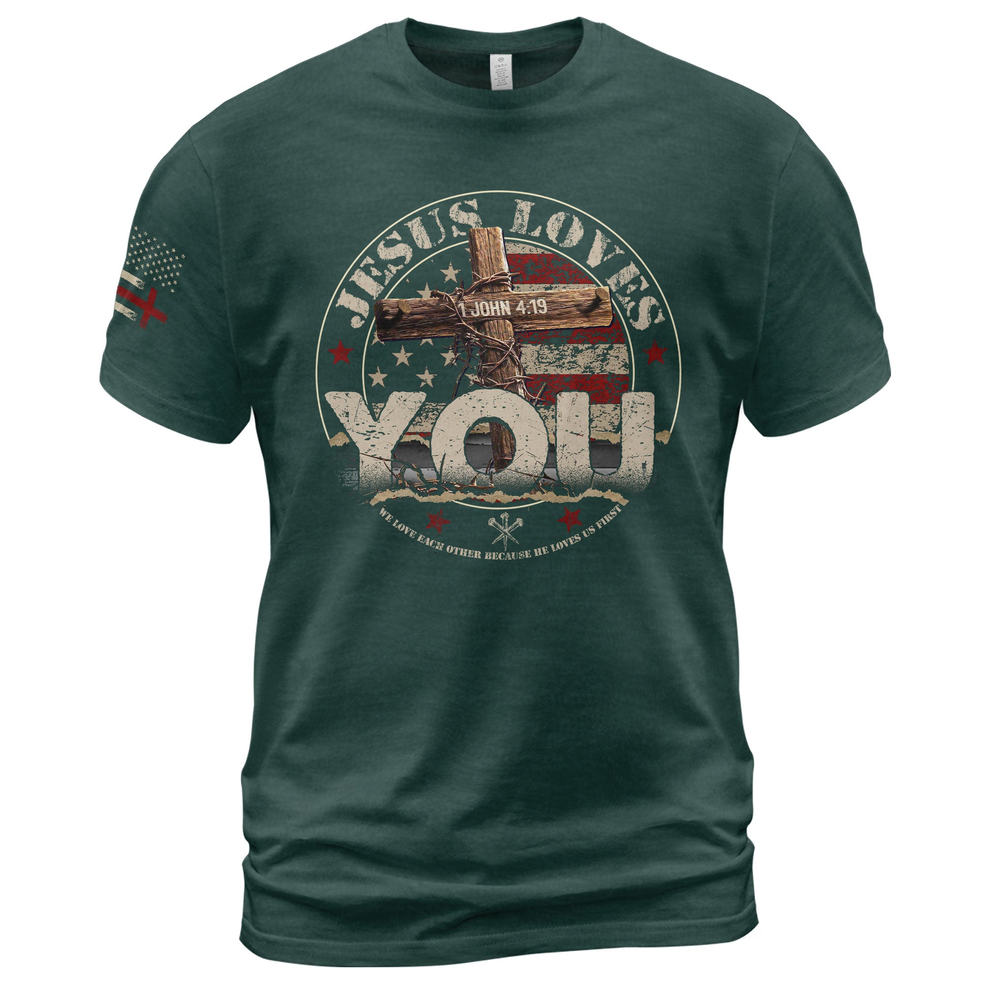 Jesus Loves You John 4:19, Christian Tee Shirts - Faith Shirts for Men - Rust Field Wear