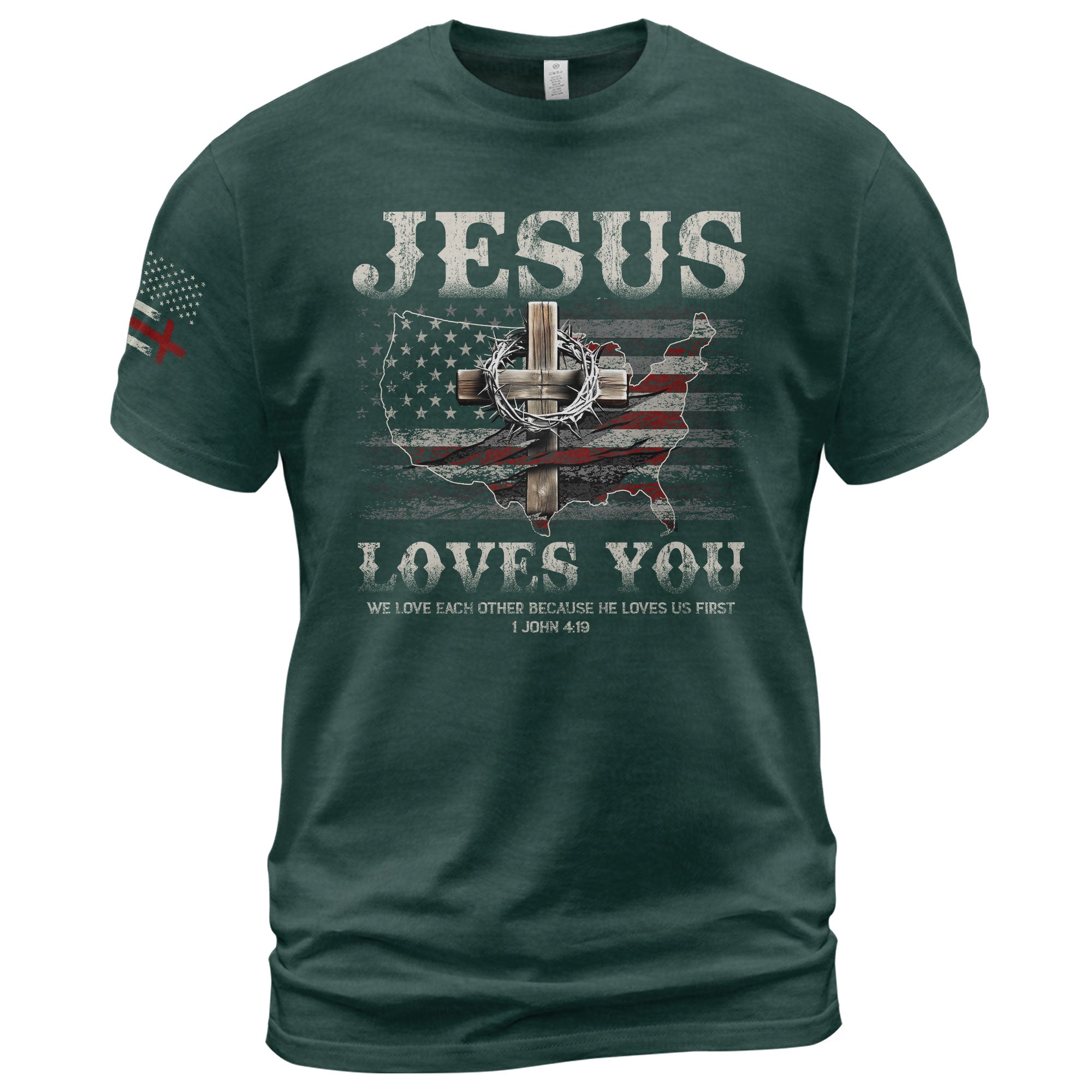 Faith Based Christian Tee Shirts, Jesus Loves You American Flag Cross - Christian Shirts for Men - Rust Field Wear