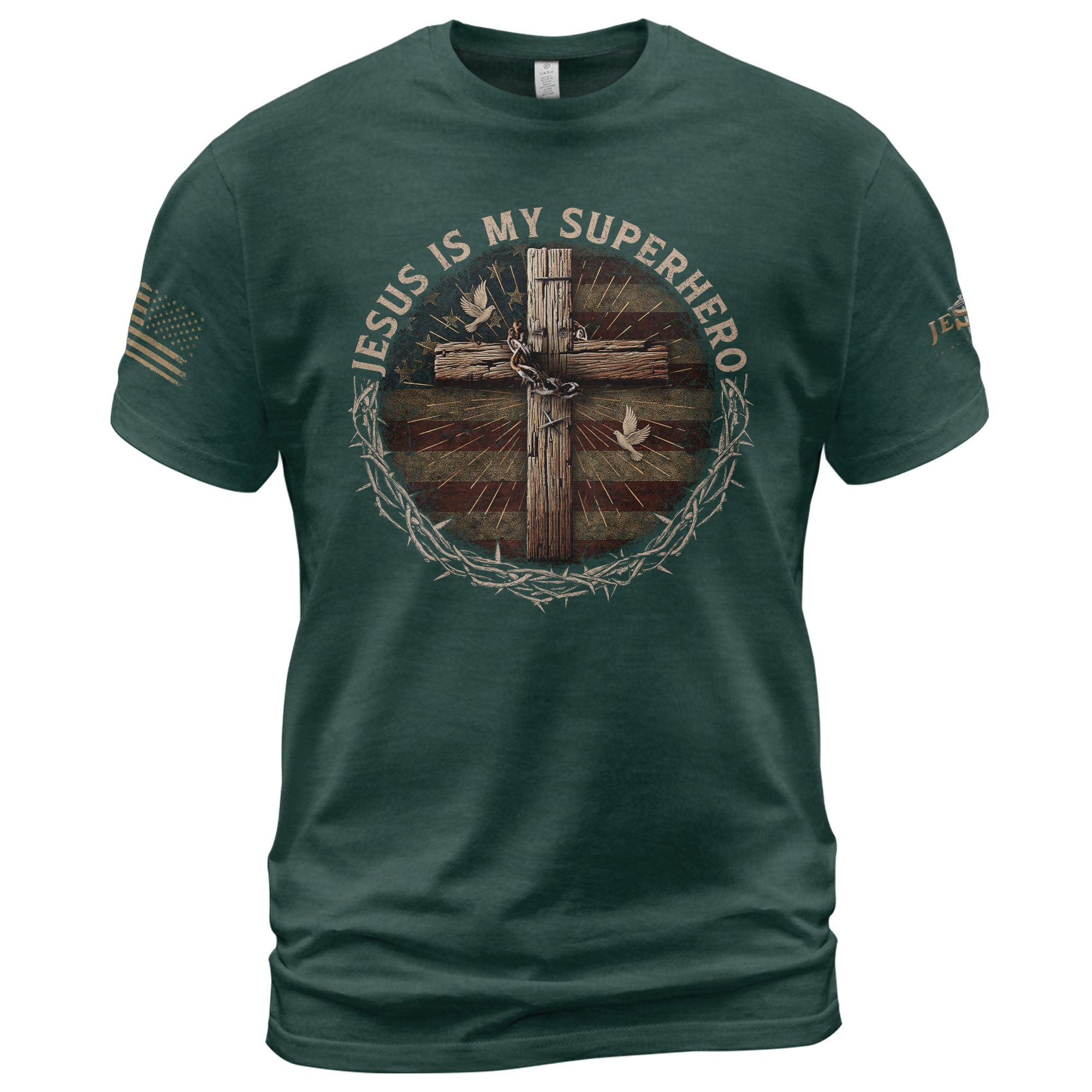 Jesus Is My Superhero Cross and American Flag - Christian Tee Shirts, Christian Shirts for Men - Rust Field Wear