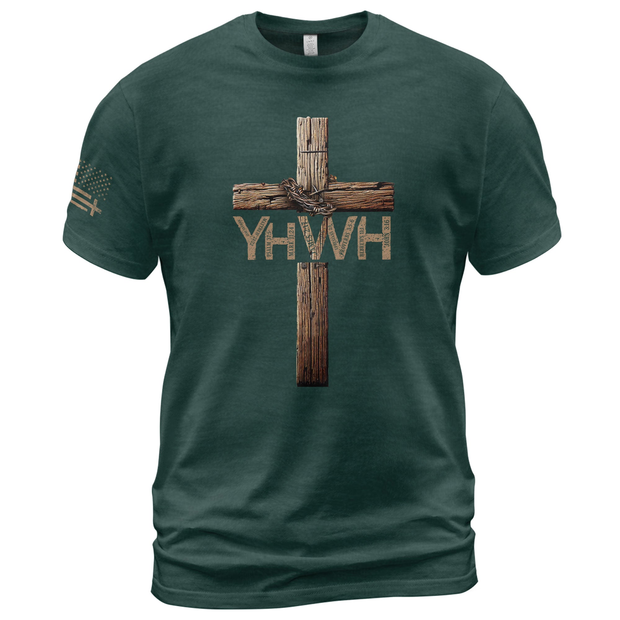 Faith Based Christian Tee Shirts, YHWH Wooden Cross with Crown of Thorns Christian - Christian Shirts for Men - Rust Field Wear