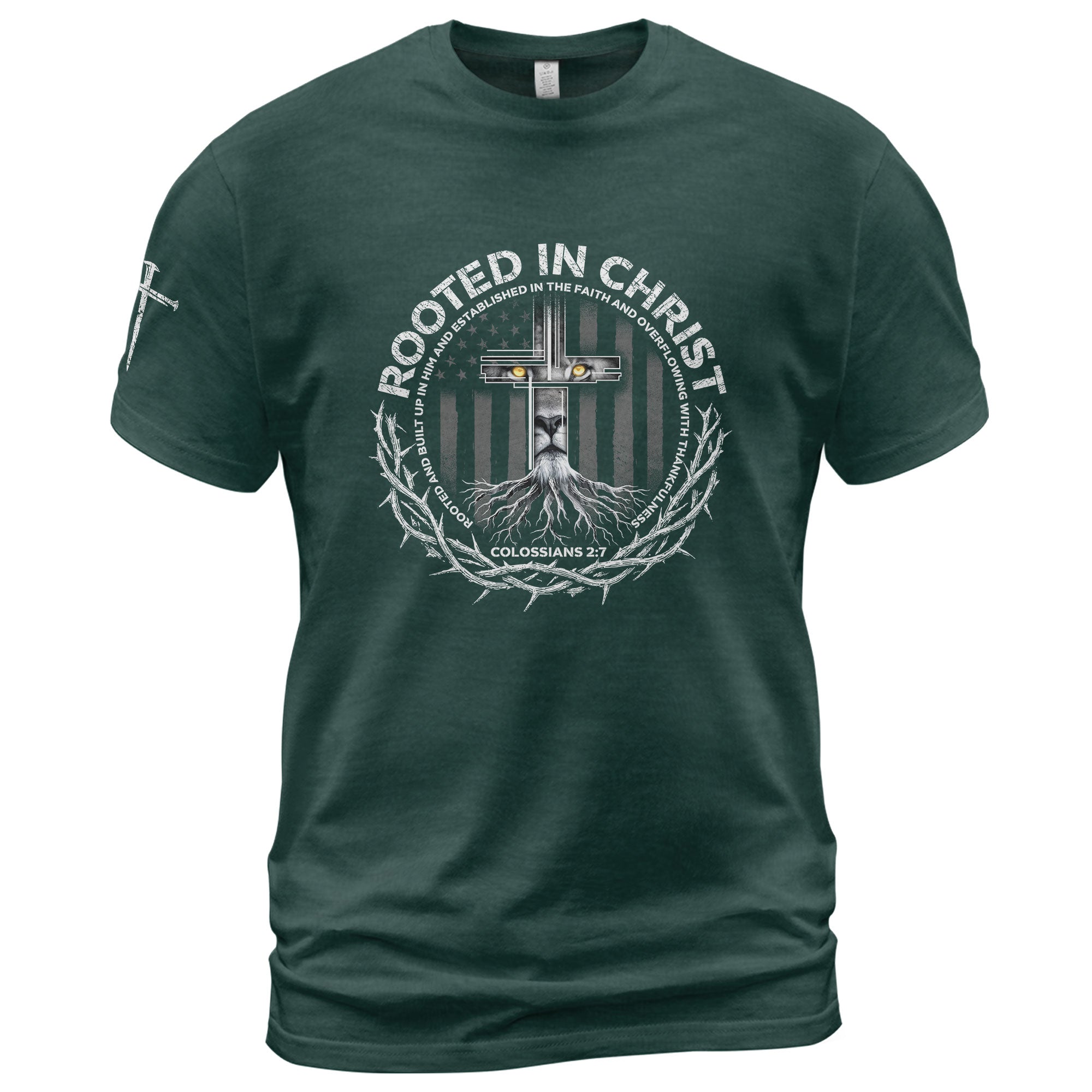 Rooted In Christ Colossians 2:7 Lion Cross - Christian Shirts for Men, Faith Based Christian Tee Shirts - Rust Field Wear