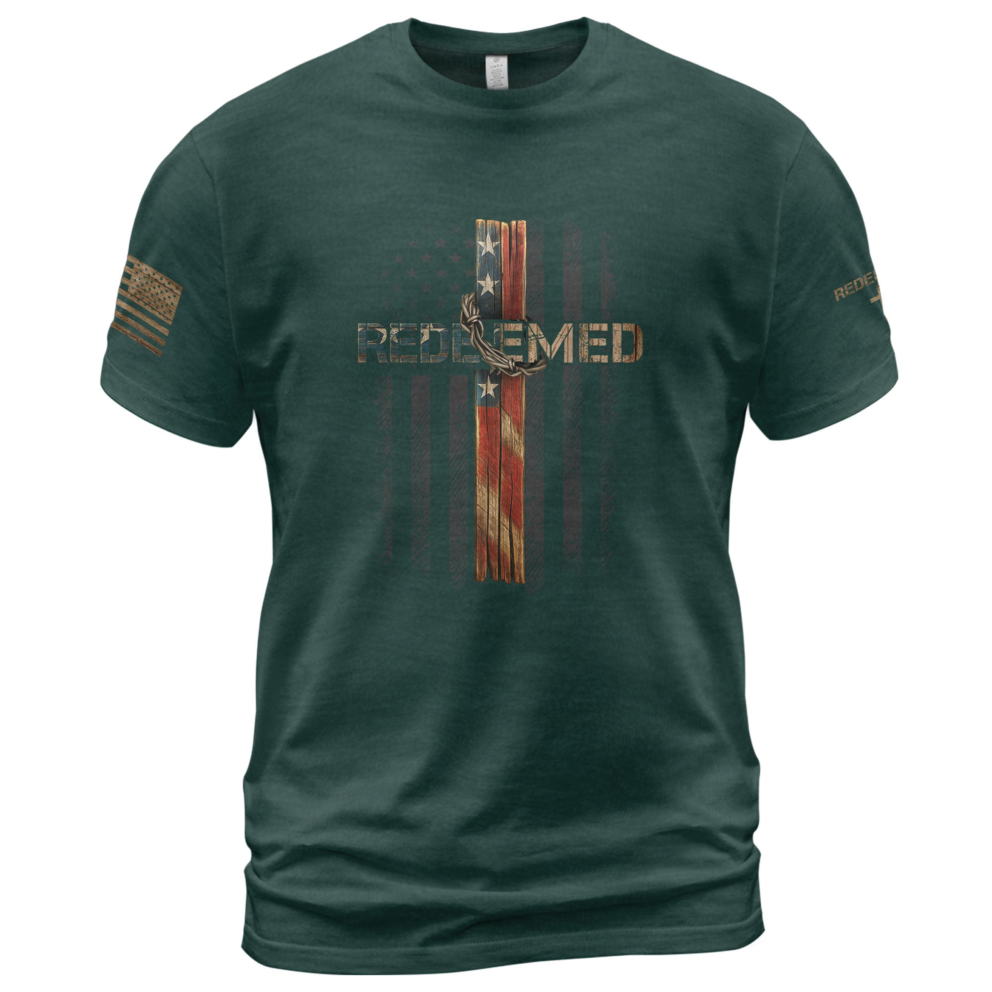Christian Tee Shirts, Redeemed American Flag Cross Christian - Christian Shirts for Men - Rust Field Wear