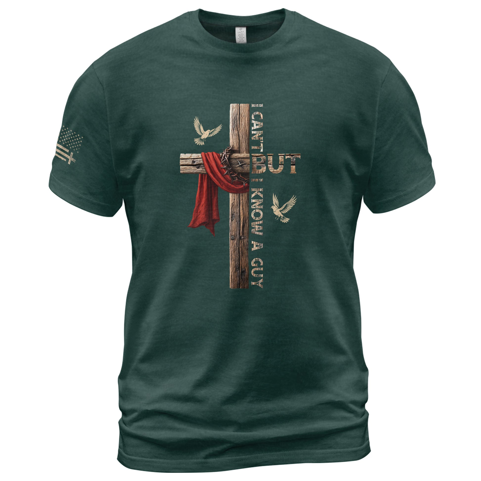 Faith Based Christian Tee Shirts, I Can’t But I Know A Guy Cross With Red Cloth and Doves - Christian Shirts for Men - Rust Field Wear