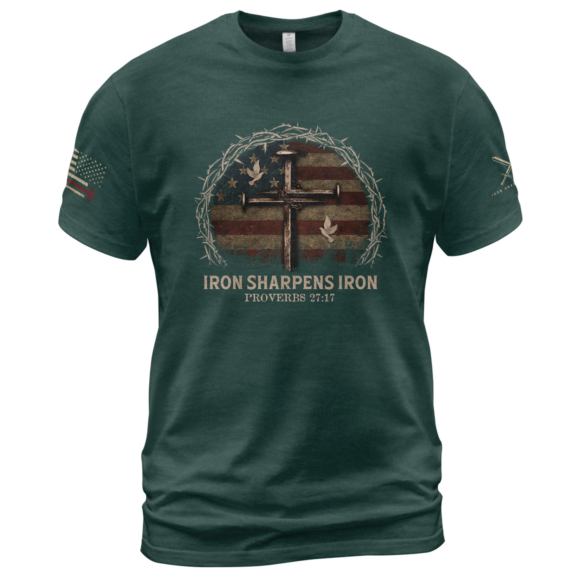 Christian Shirts for Men, Iron Sharpens Iron Cross American Flag - Christian Tee Shirts - Rust Field Wear