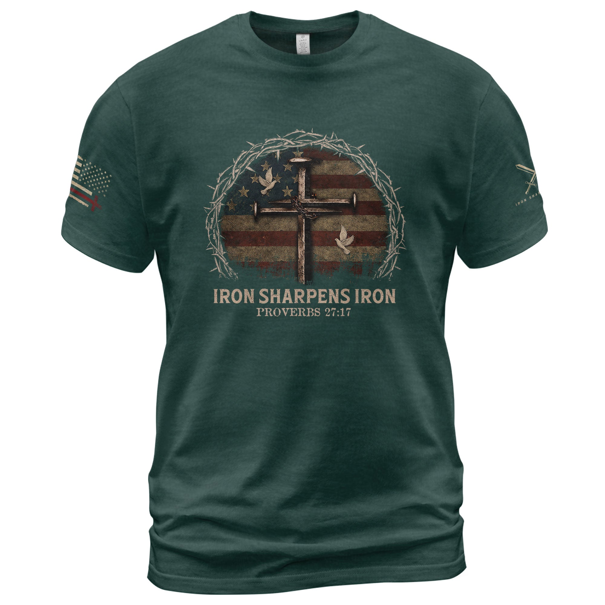 Christian Shirts for Men, Iron Sharpens Iron Cross American Flag - Christian Tee Shirts - Rust Field Wear