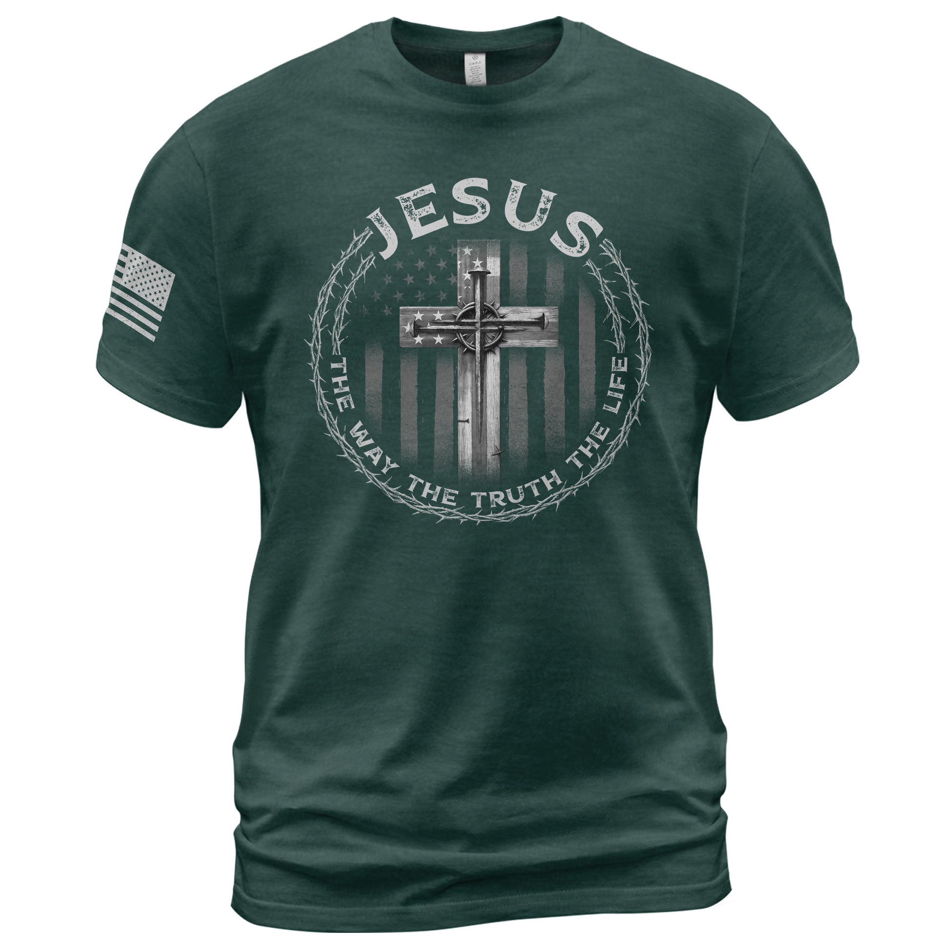 Faith Based Christian Tee Shirts, Jesus Cross American Flag The Way The Truth The Life - Christian Shirts for Men - Rust Field Wear