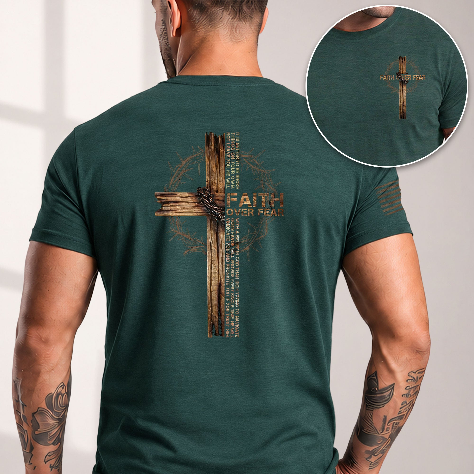 Christian Tee Shirts, Faith Over Fear Wooden Cross Crown of Thorns - Christian Shirts for Men - Rust Field Wear