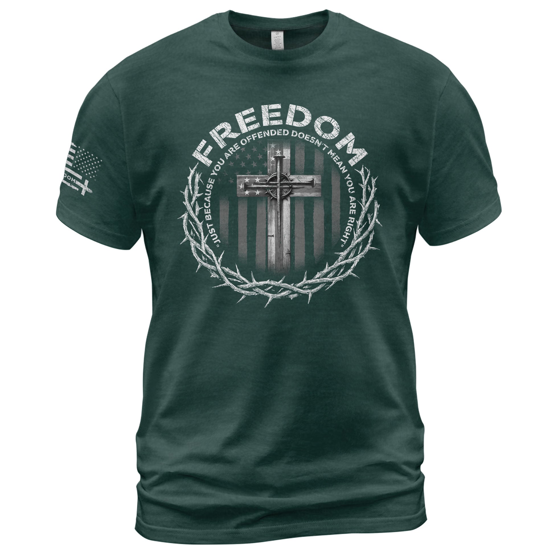 Freedom Shirts for Men, Freedom Memorial American Flag Cross with Crown of Thorns and Quote - Patriotic T Shirts - Rust Field Wear