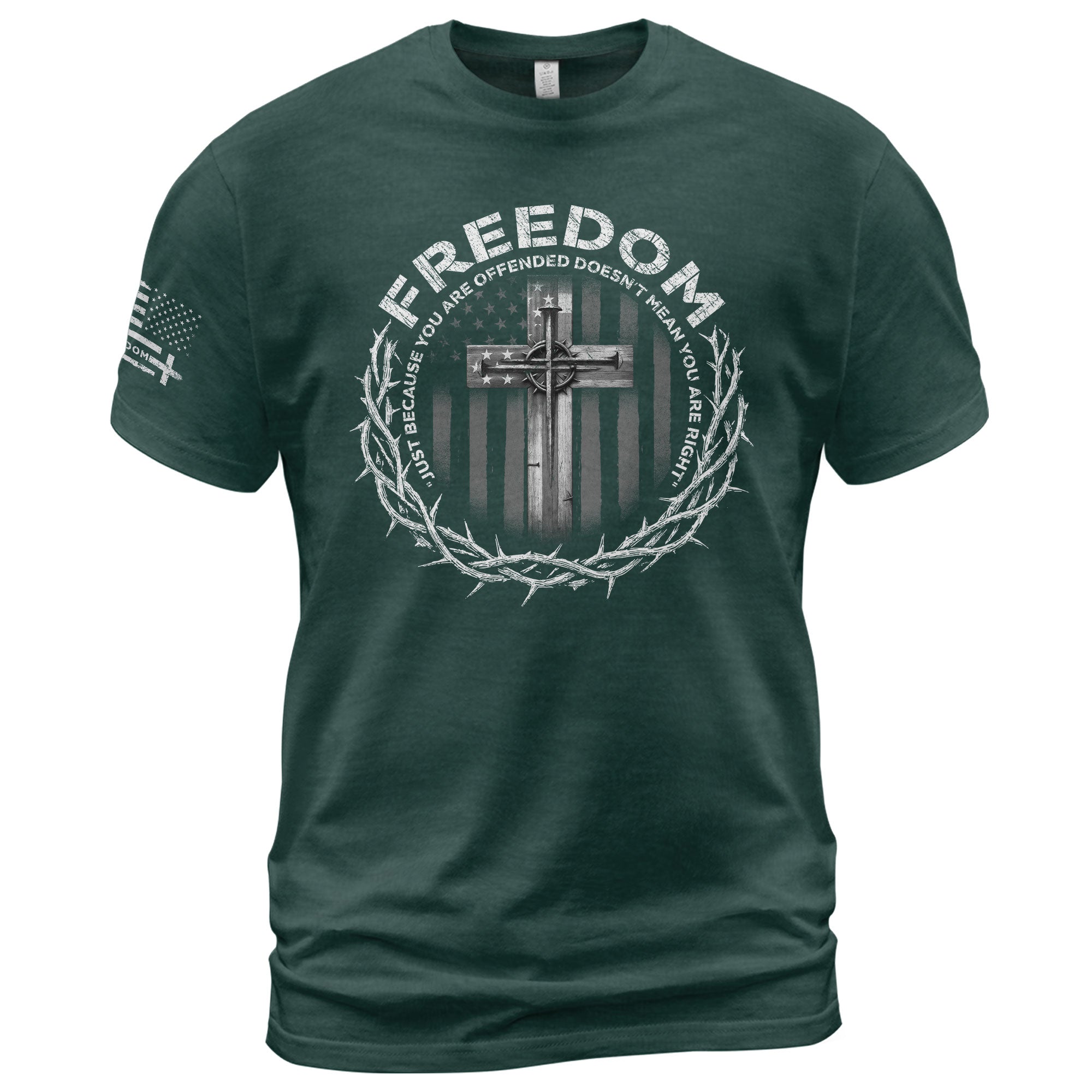 Freedom Shirts for Men, Freedom Memorial American Flag Cross with Crown of Thorns and Quote - Patriotic T Shirts - Rust Field Wear