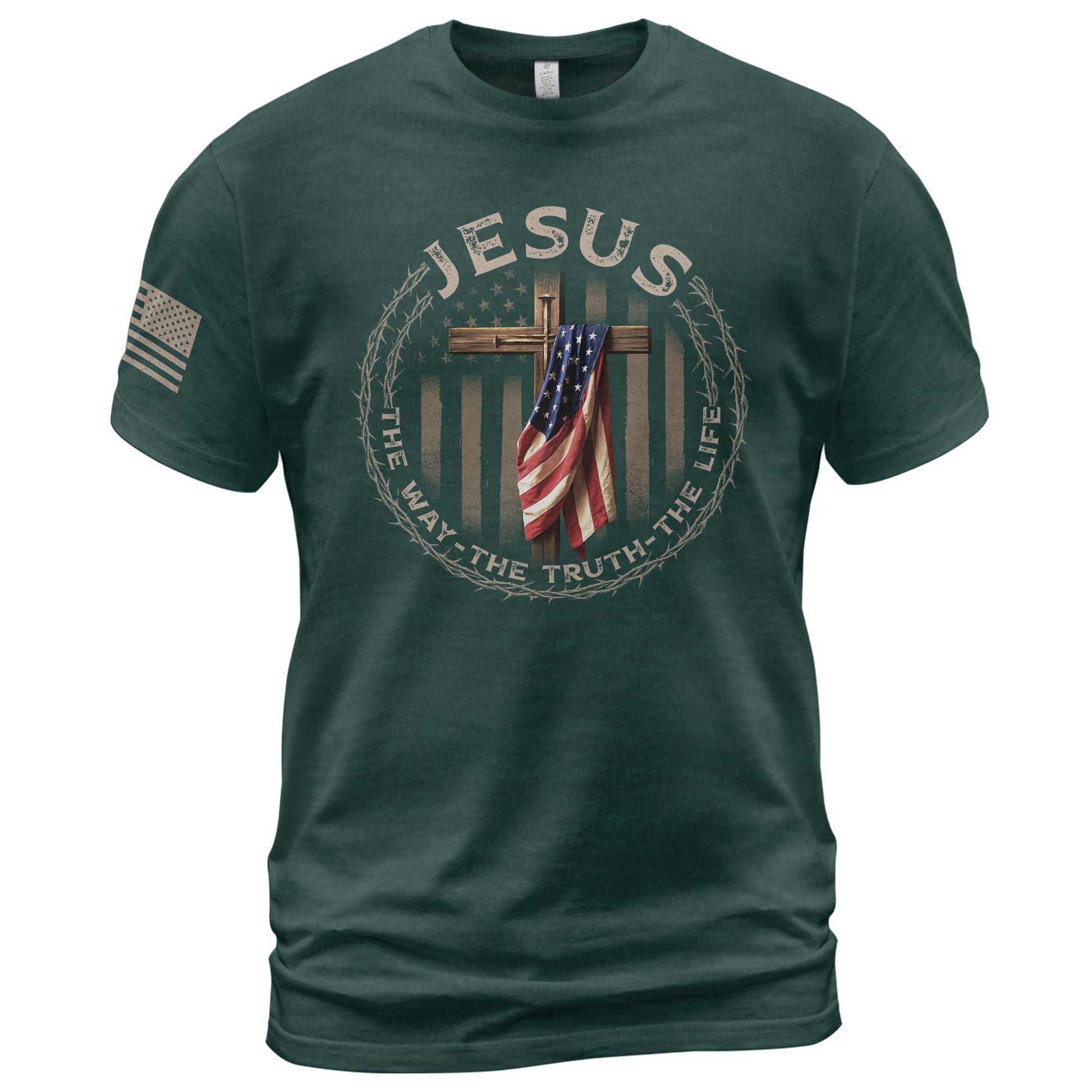 Christian Shirts for Men, Jesus The Way The Truth The Life American Flag Cross and Crown of Thorns - Christian Tee Shirts - Rust Field Wear