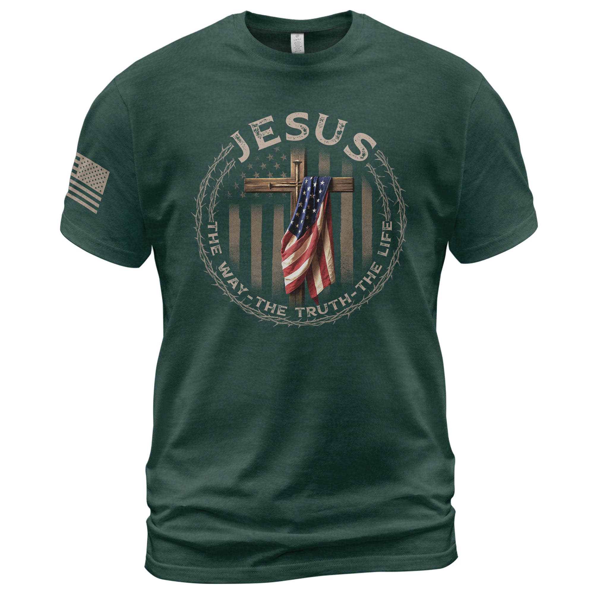 Christian Shirts for Men, Jesus The Way The Truth The Life American Flag Cross and Crown of Thorns - Christian Tee Shirts - Rust Field Wear