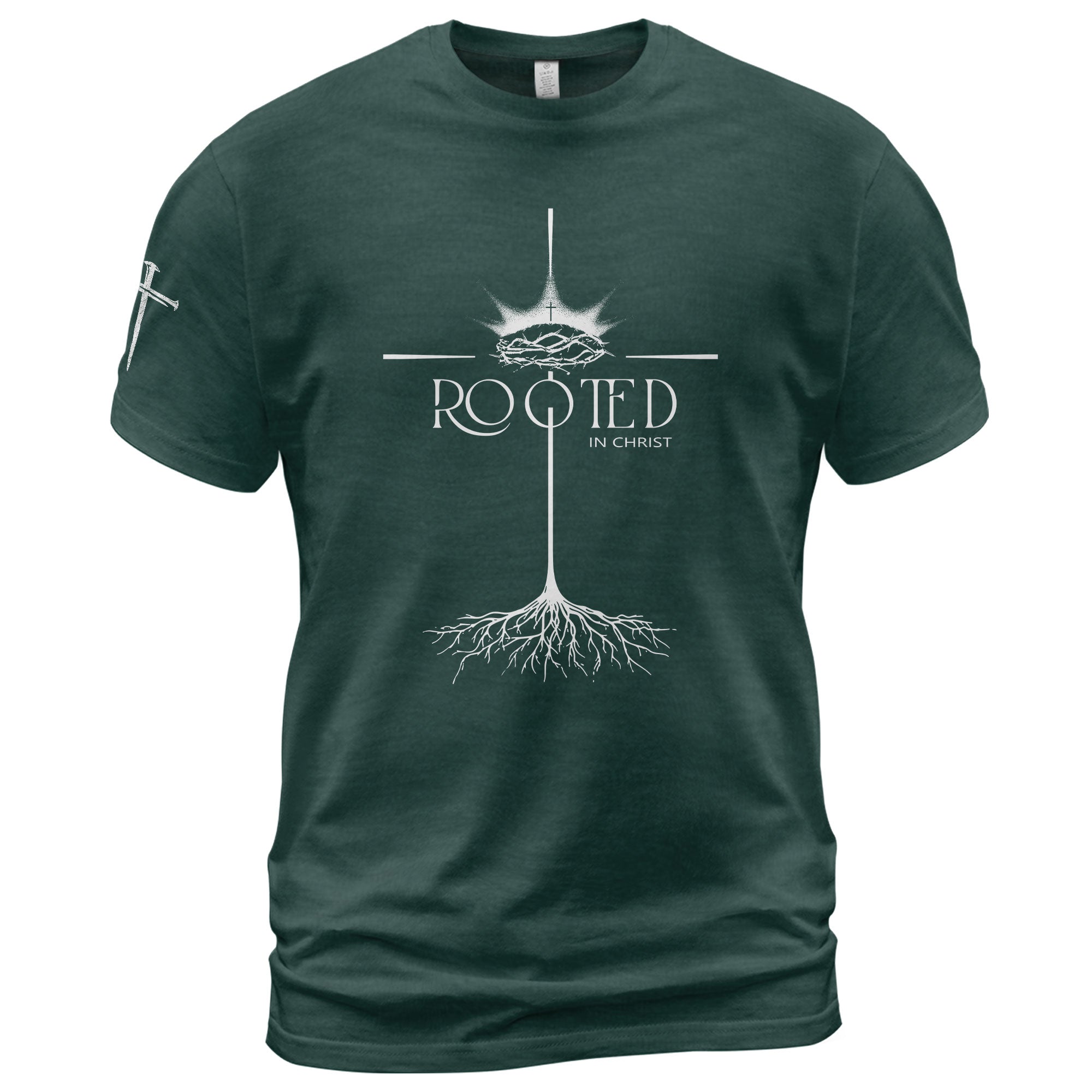 Faith Based Christian Tee Shirts, Rooted In Christ Christian With Crown Of Thorns And Cross Roots - Christian Shirts for Men - Rust Field Wear