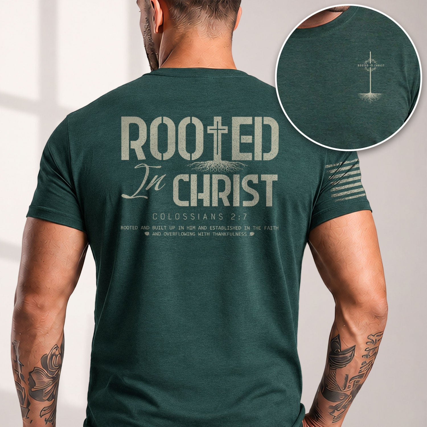 Rooted In Christ Colossians 2 7 Christian With Cross And Roots - Christian Tee Shirts, Christian Shirts for Men - Rust Field Wear