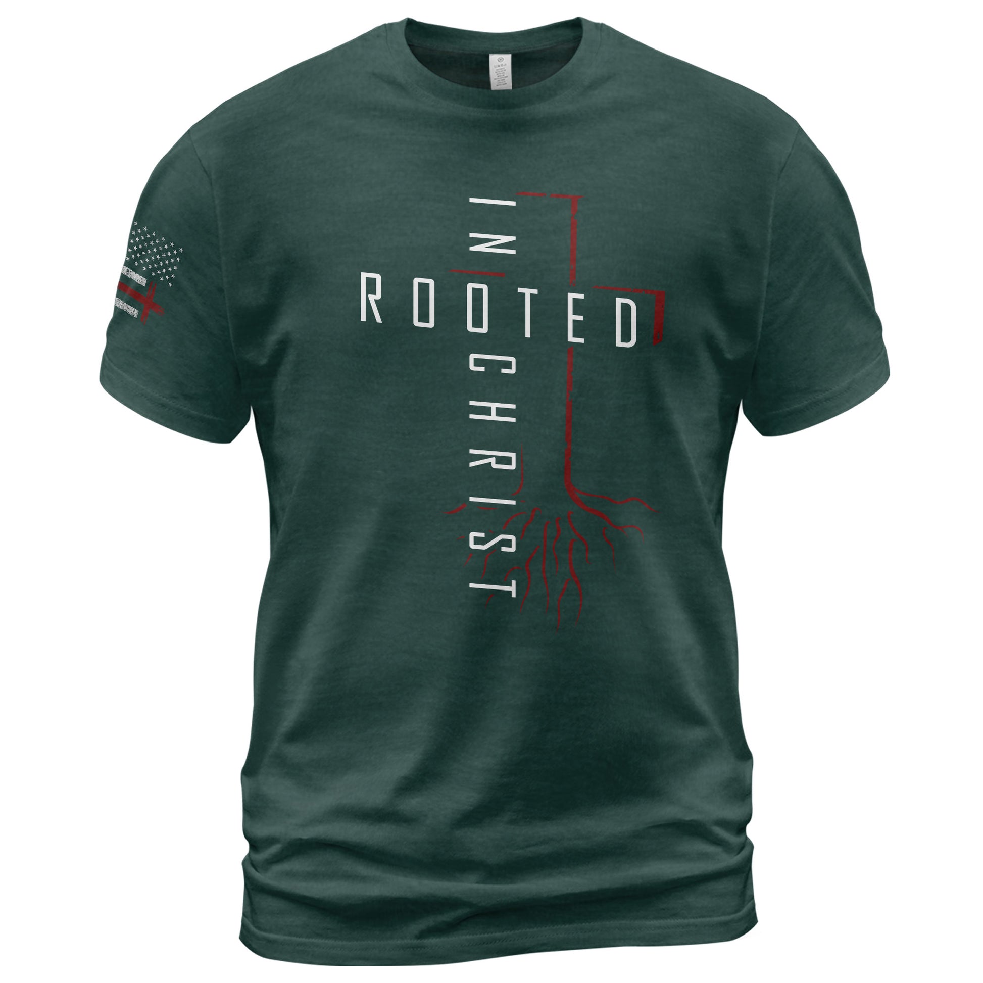 Christian Tee Shirts, Rooted In Christ Red Cross and Roots Christian - Christian Shirts for Men - Rust Field Wear