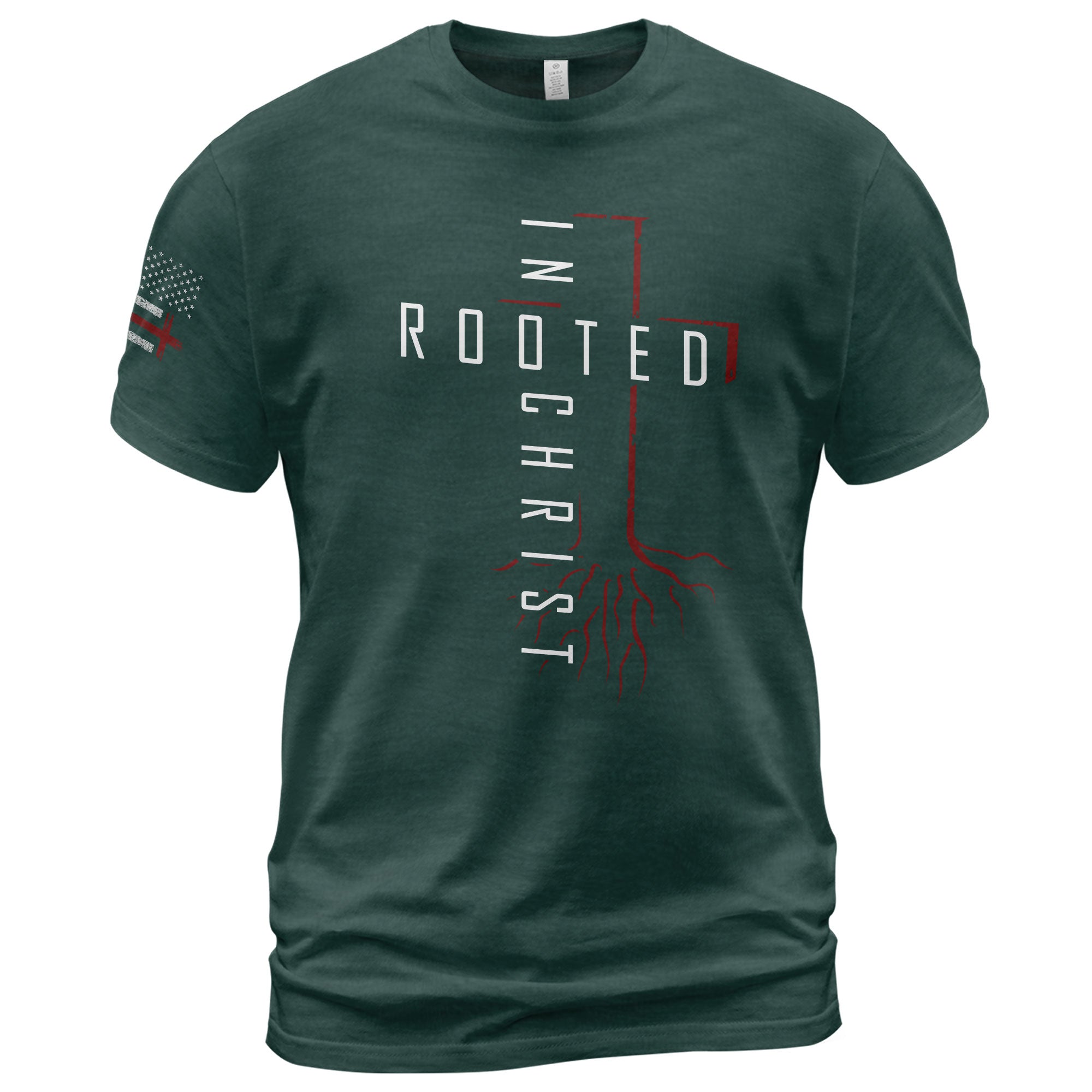 Christian Tee Shirts, Rooted In Christ Red Cross and Roots Christian - Christian Shirts for Men - Rust Field Wear