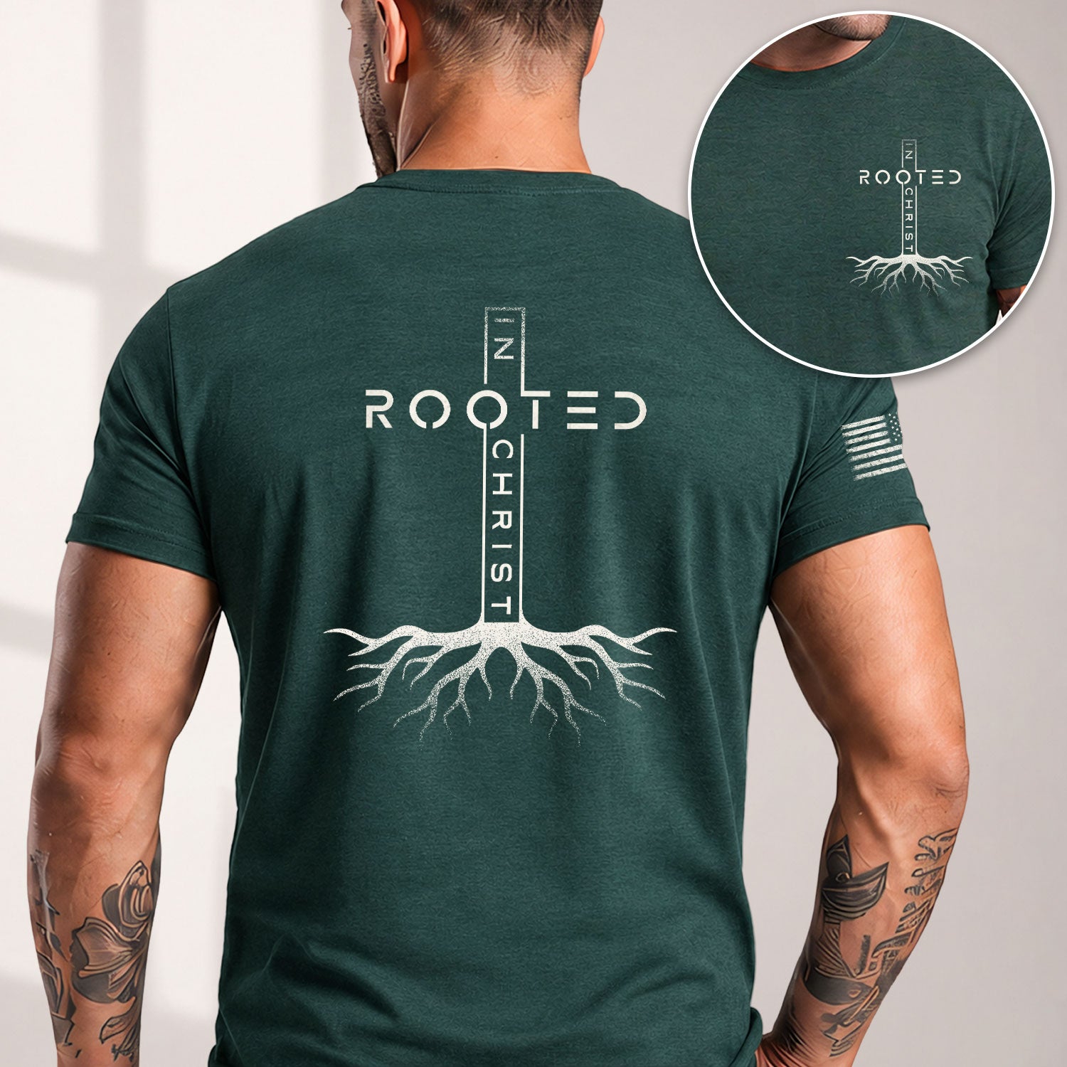 Christian Shirts for Men - Rooted In Christ Vertical Cross Roots Back Print Christian, Christian Tee Shirts - Rust Field Wear