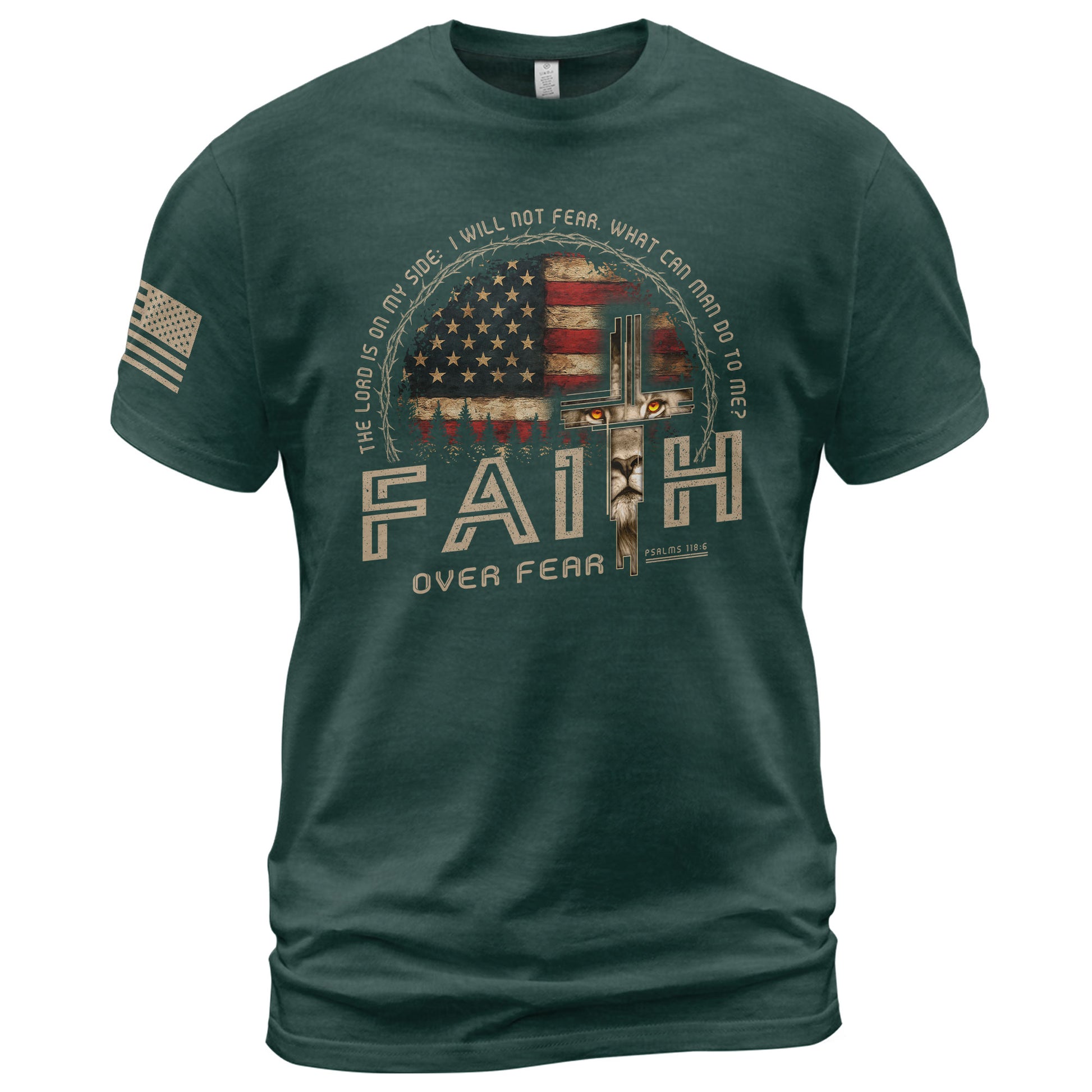 Faith Over Fear Psalms 118:6 Lion Cross American Flag Christian, Christian Shirts for Men - Christian Tee Shirts - Rust Field Wear