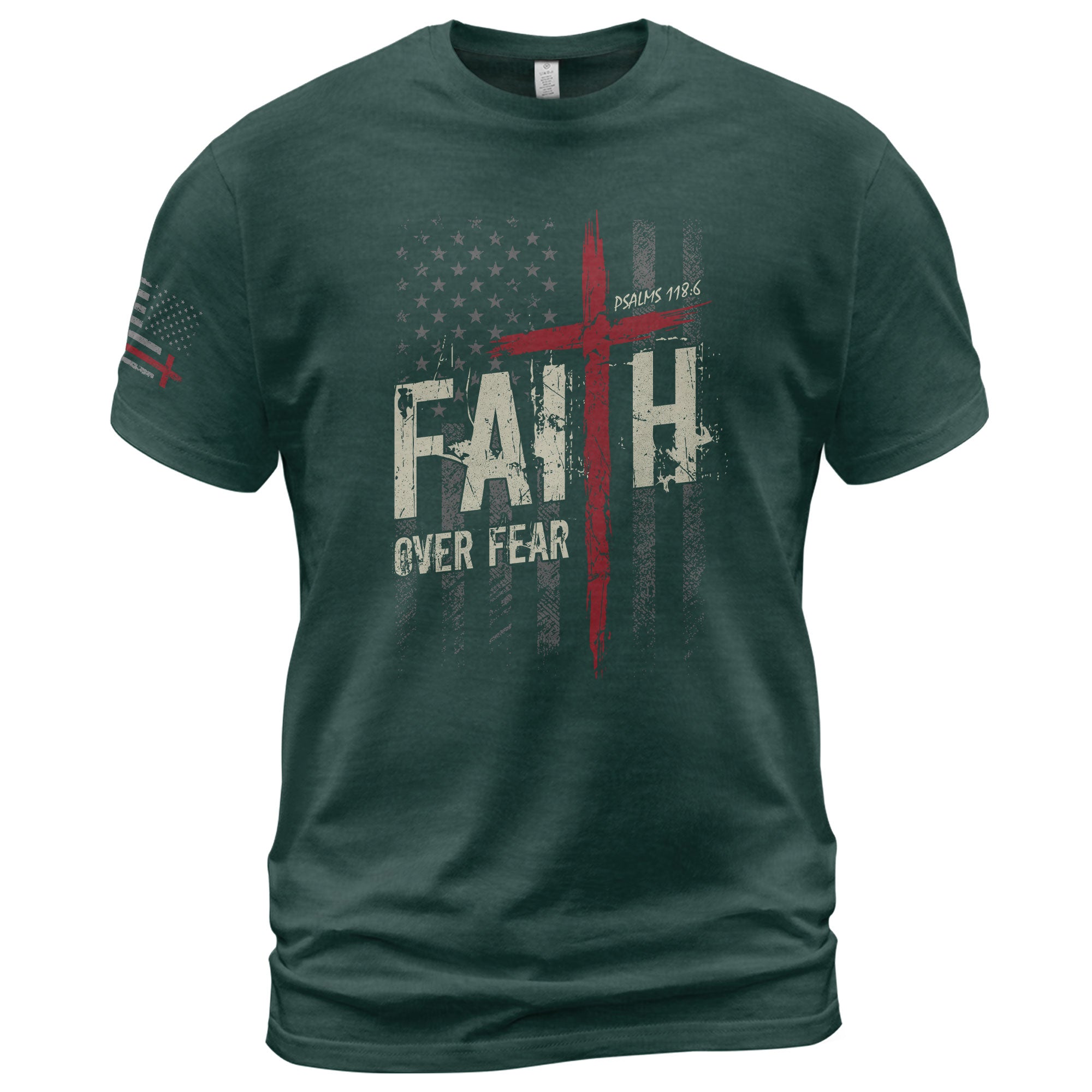 Christian Tee Shirts, Faith Over Fear Psalms 118:6 Red Cross American Flag Christian - Christian Shirts for Men - Rust Field Wear