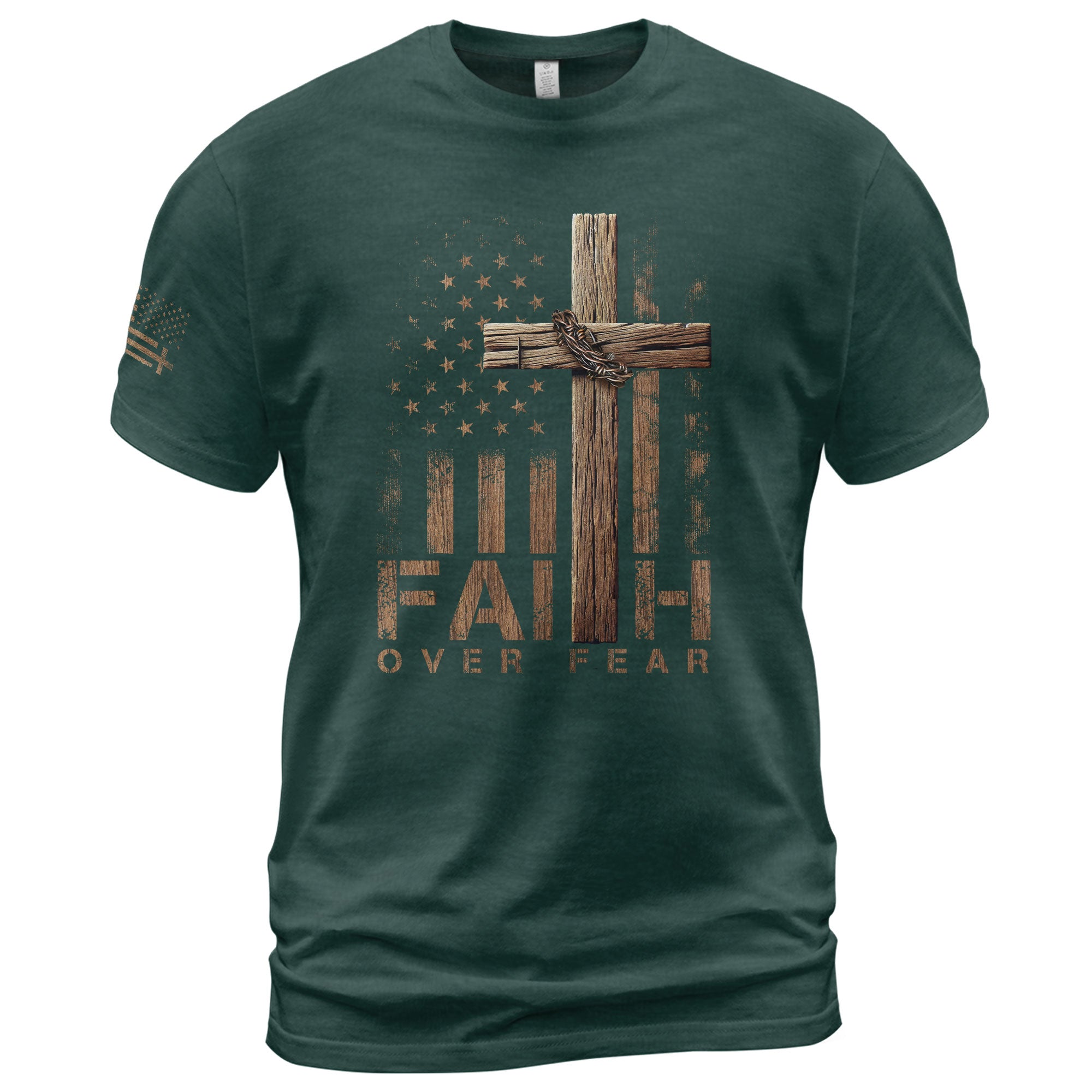 Faith Over Fear Wooden Cross American Flag Christian - Christian Shirts for Men, Faith Based Christian Tee Shirts - Rust Field Wear