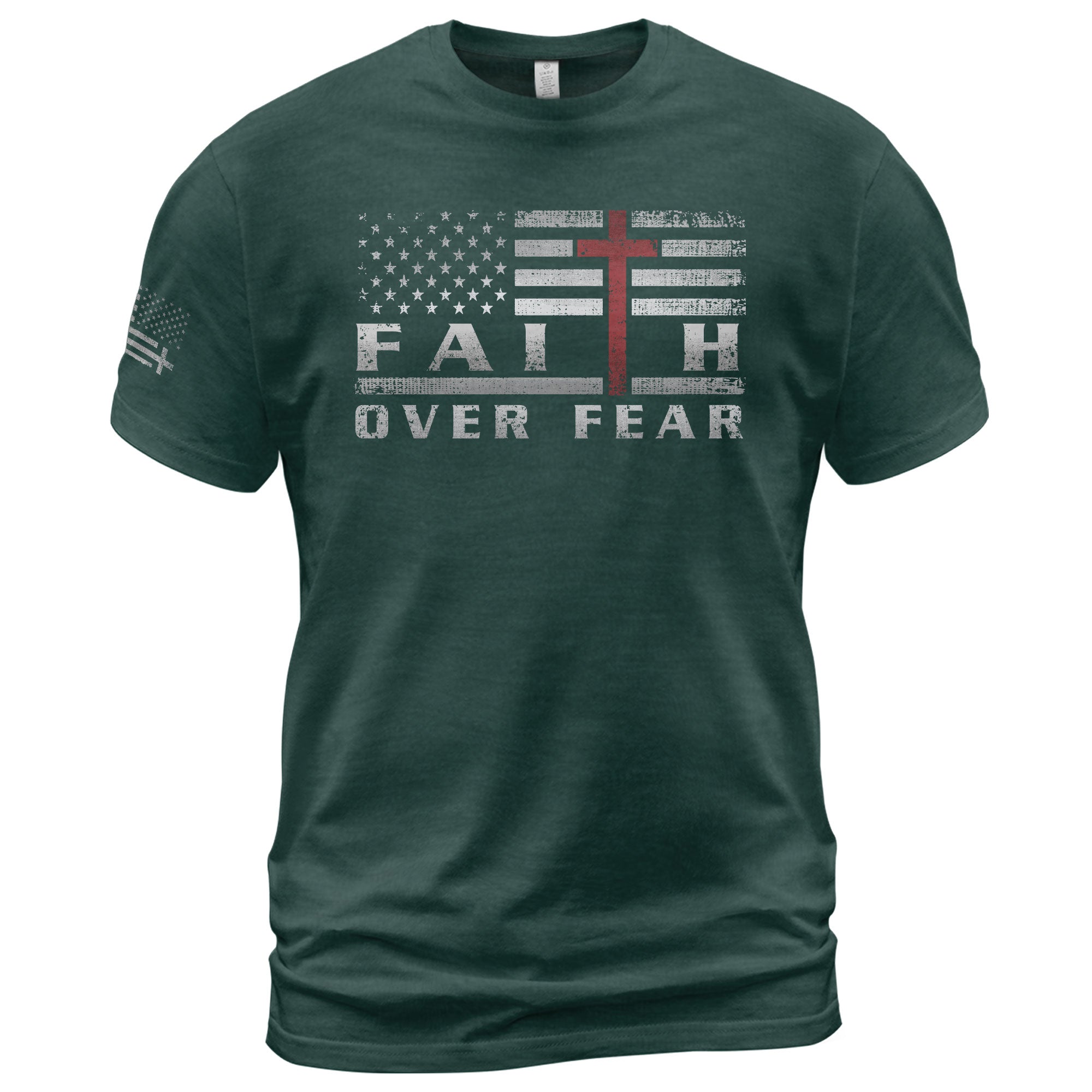 Faith Over Fear USA Flag Red Cross Christian - Christian Tee Shirts, Christian Shirts for Men - Rust Field Wear