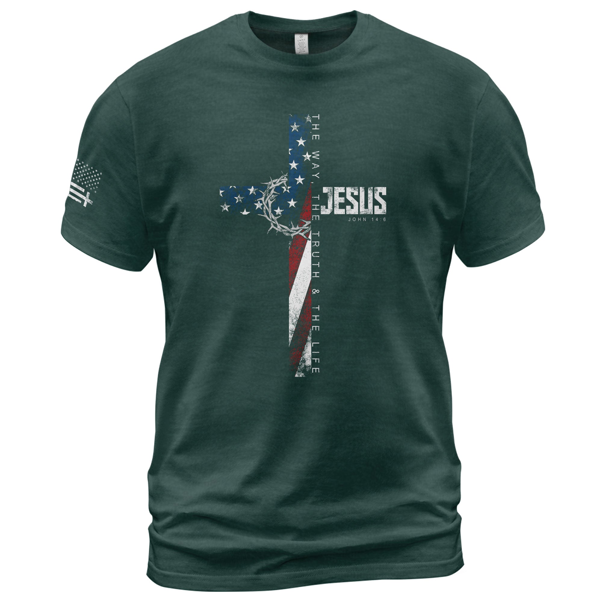 Christian Shirts for Men, Jesus John 14:6 American Flag Cross Crown Christian - Christian Tee Shirts - Rust Field Wear