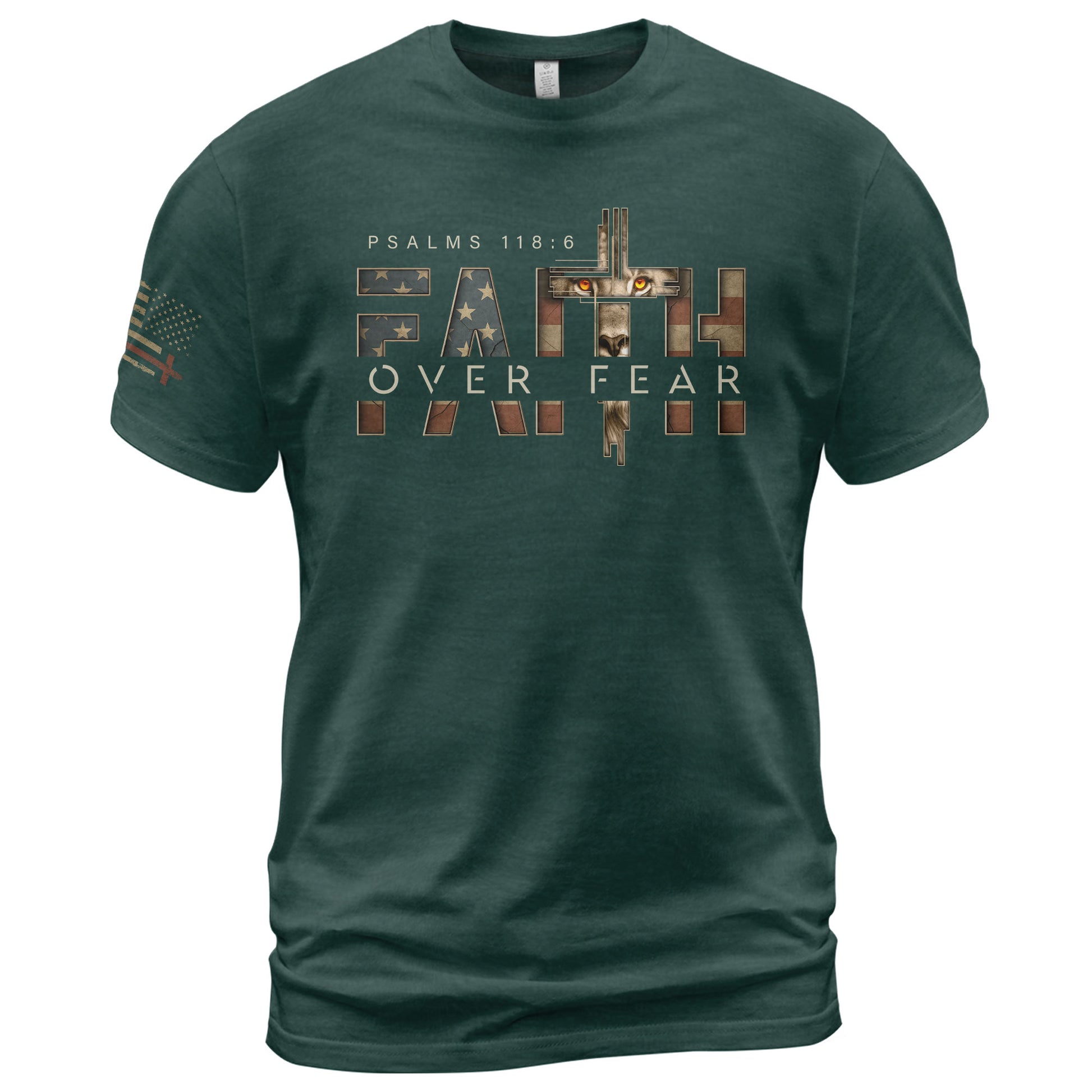 Faith Over Fear Lion Cross American Flag Psalms 118:6 Christian, Christian Tee Shirts - Faith Shirts for Men - Rust Field Wear