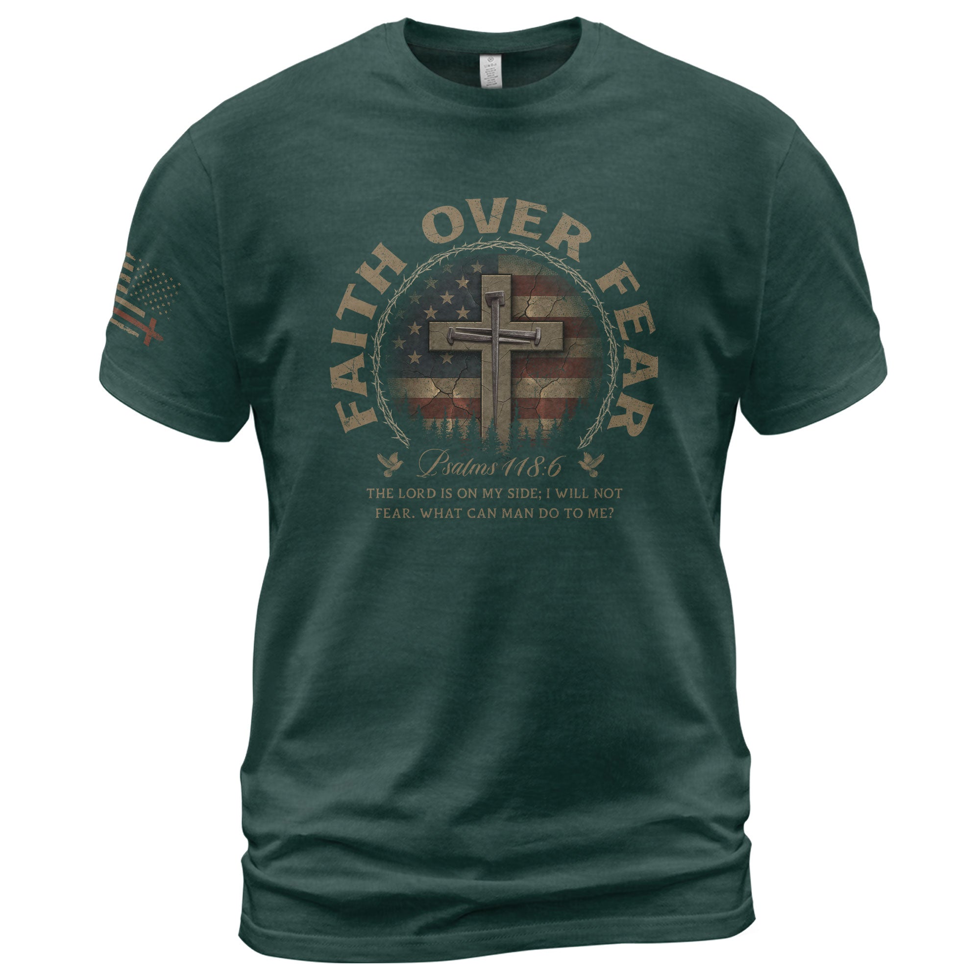 Faith Based Christian Tee Shirts, Faith Over Fear Cross American Flag Vintage Psalms 118:6 Christian - Christian Shirts for Men - Rust Field Wear