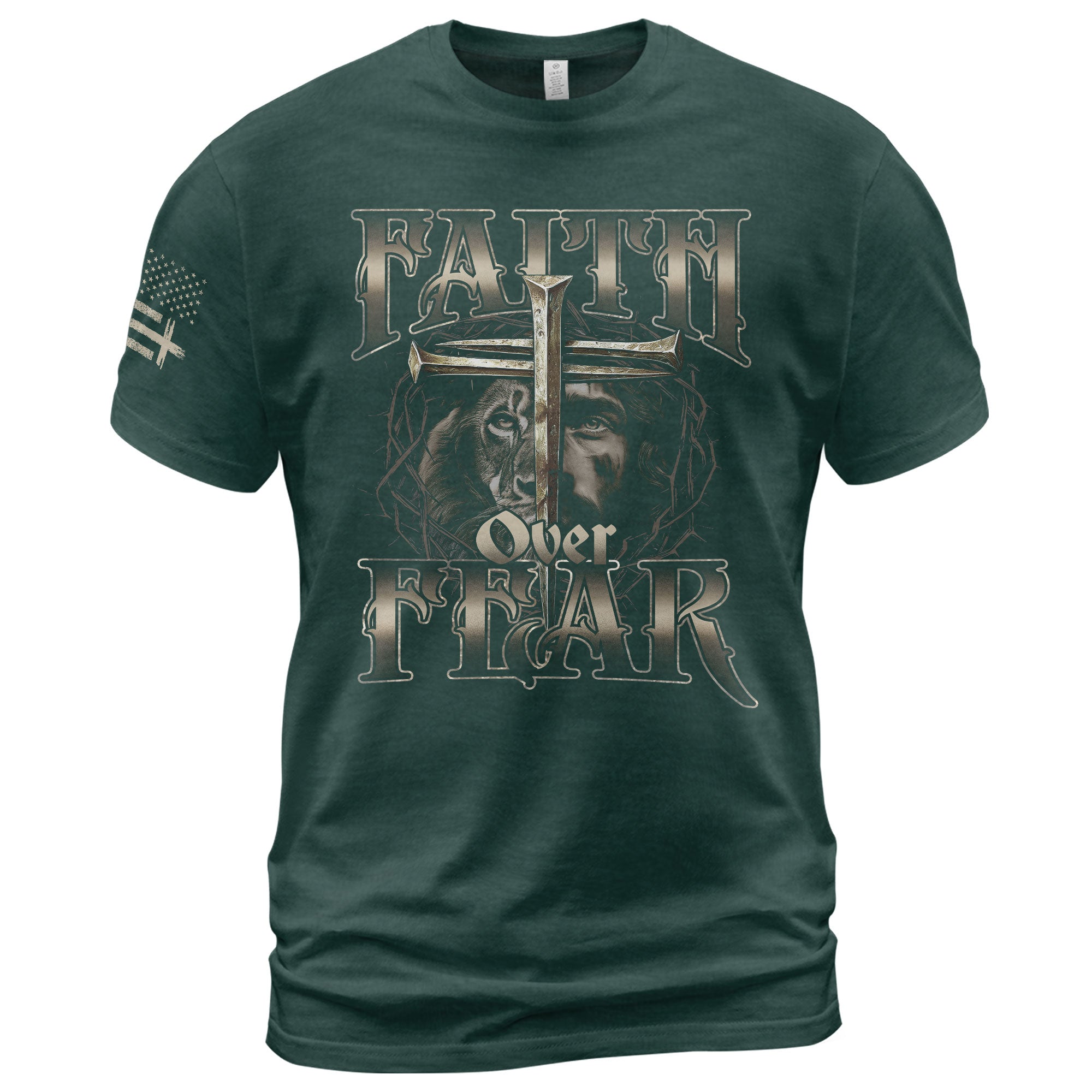 Christian Shirts for Men, Faith Over Fear Christian Lion Jesus Cross Crown Design - Christian Tee Shirts - Rust Field Wear