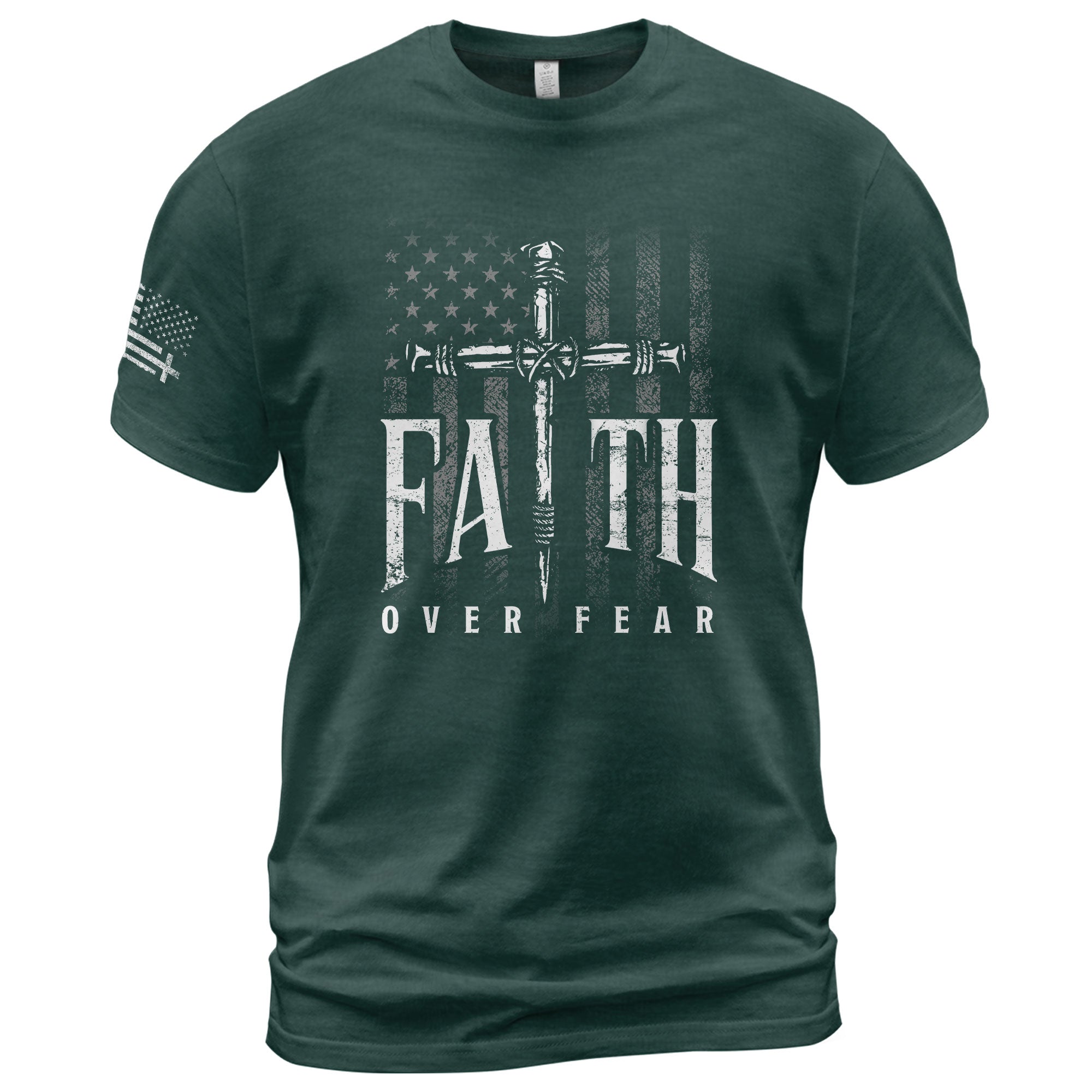 Christian Shirts for Men - Faith Over Fear Christian American Flag Cross Sword Design, Christian Tee Shirts - Rust Field Wear
