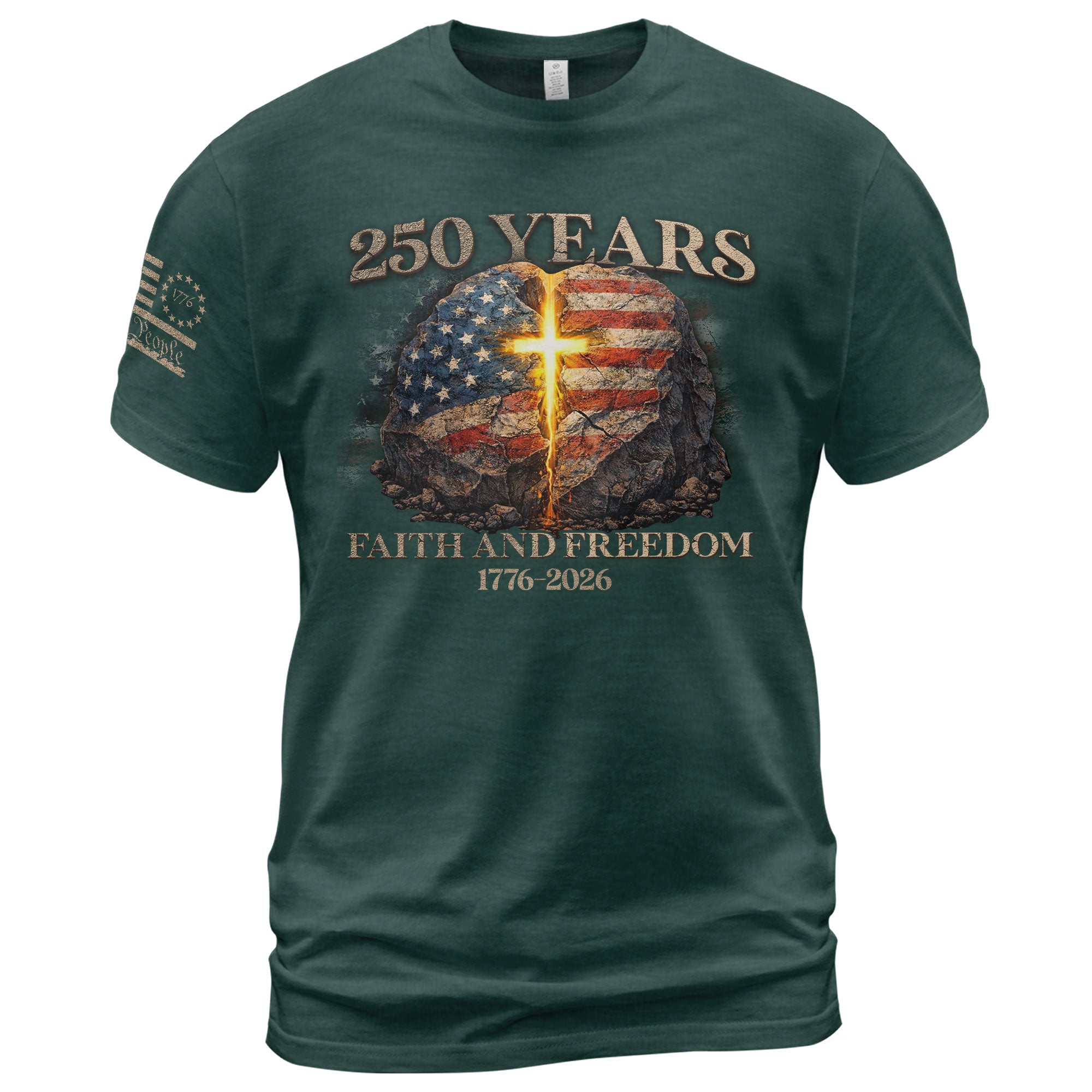 Faith and Freedom 250 Years T-Shirt - Glowing Cross & American Flag Rock Graphic Tee - Rust Field Wear