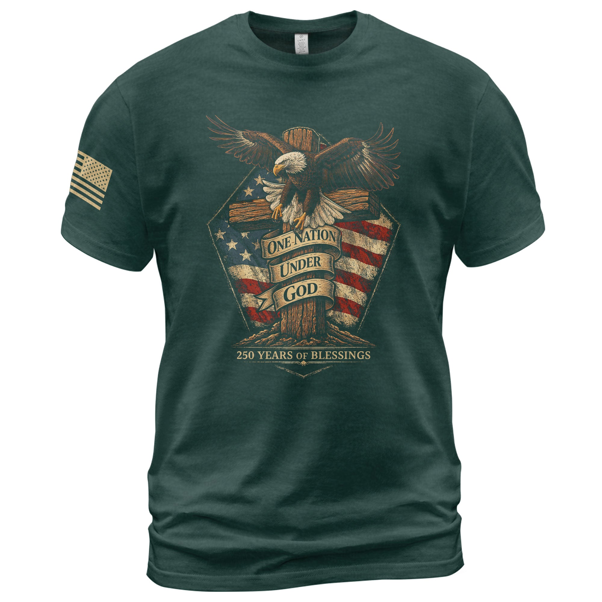 American Faith 250 Years of Blessings T-Shirt - One Nation Under God Eagle & Cross Design - Rust Field Wear