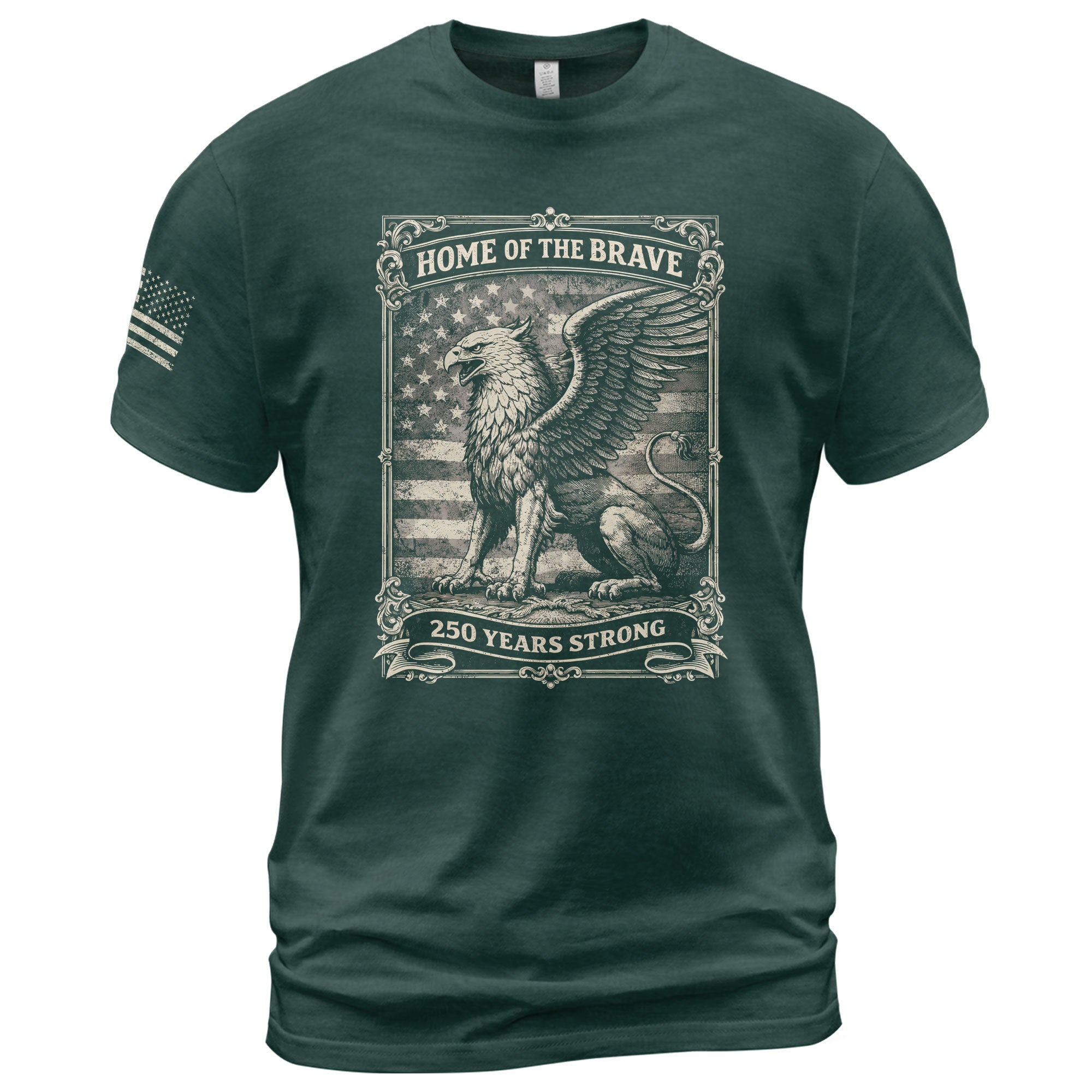 America 250th Anniversary T-Shirt 1776-2026 – Home of the Brave Griffin & Flag Tee - Rust Field Wear